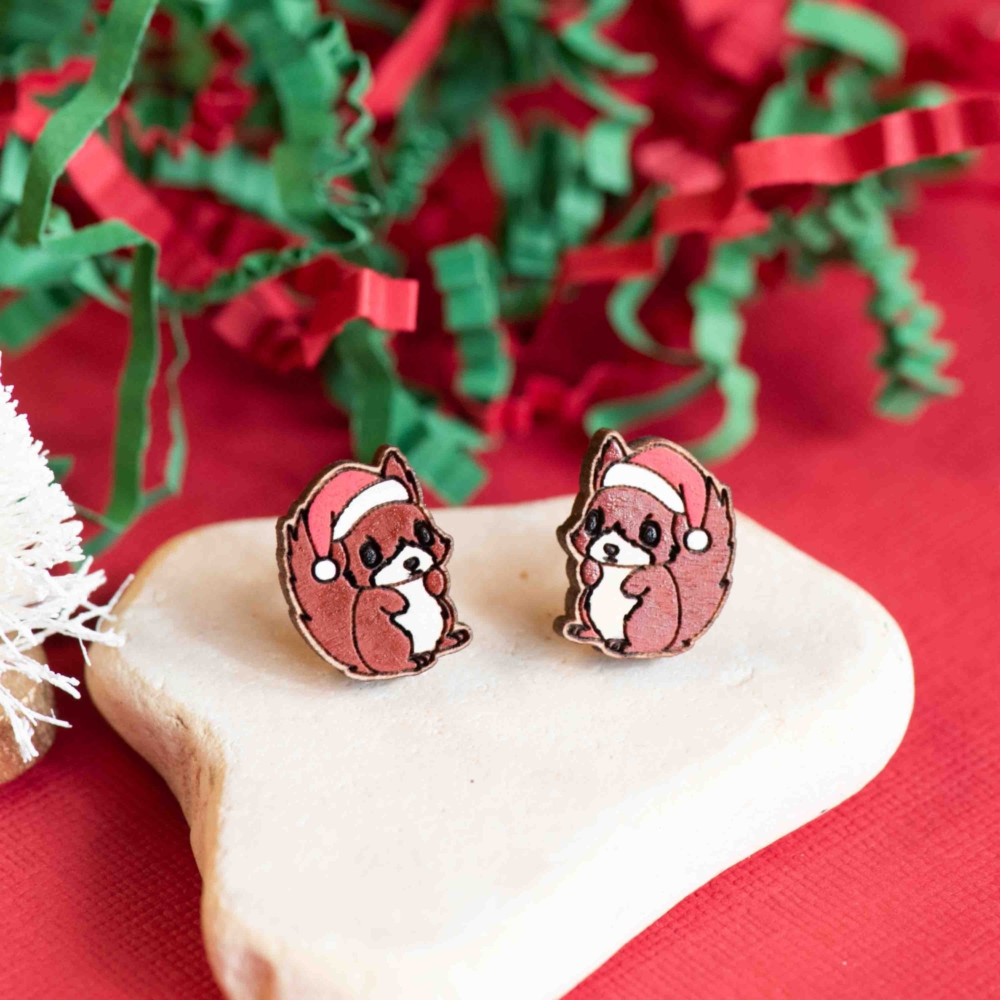 Christmas Red Squirrel in Red Santa Hat Wood Earrings - PEL10238 - Robin Valley Official Store