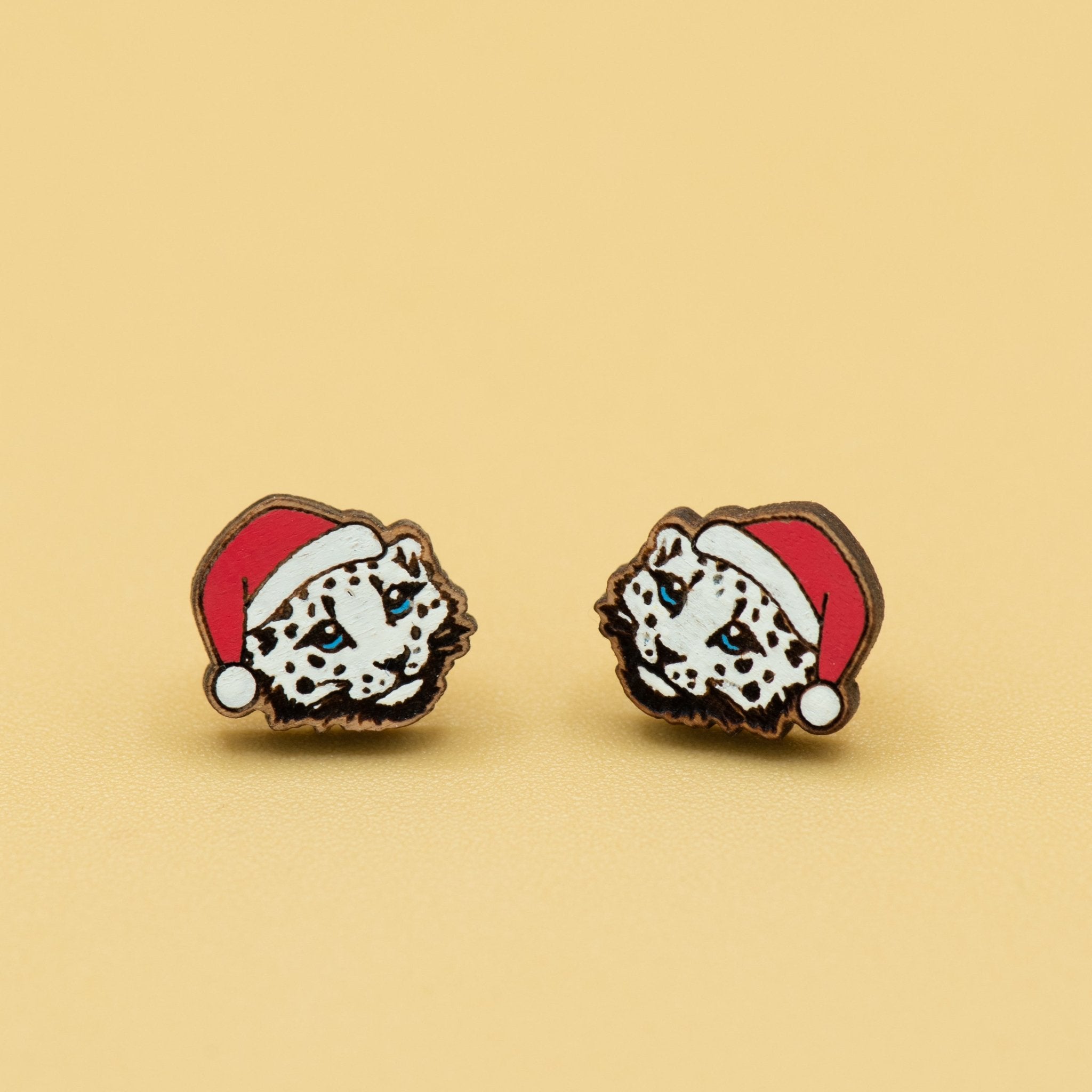 Christmas Snow Leopard in Red Santa Hat Wood Earrings - PEL10239 - Robin Valley Official Store