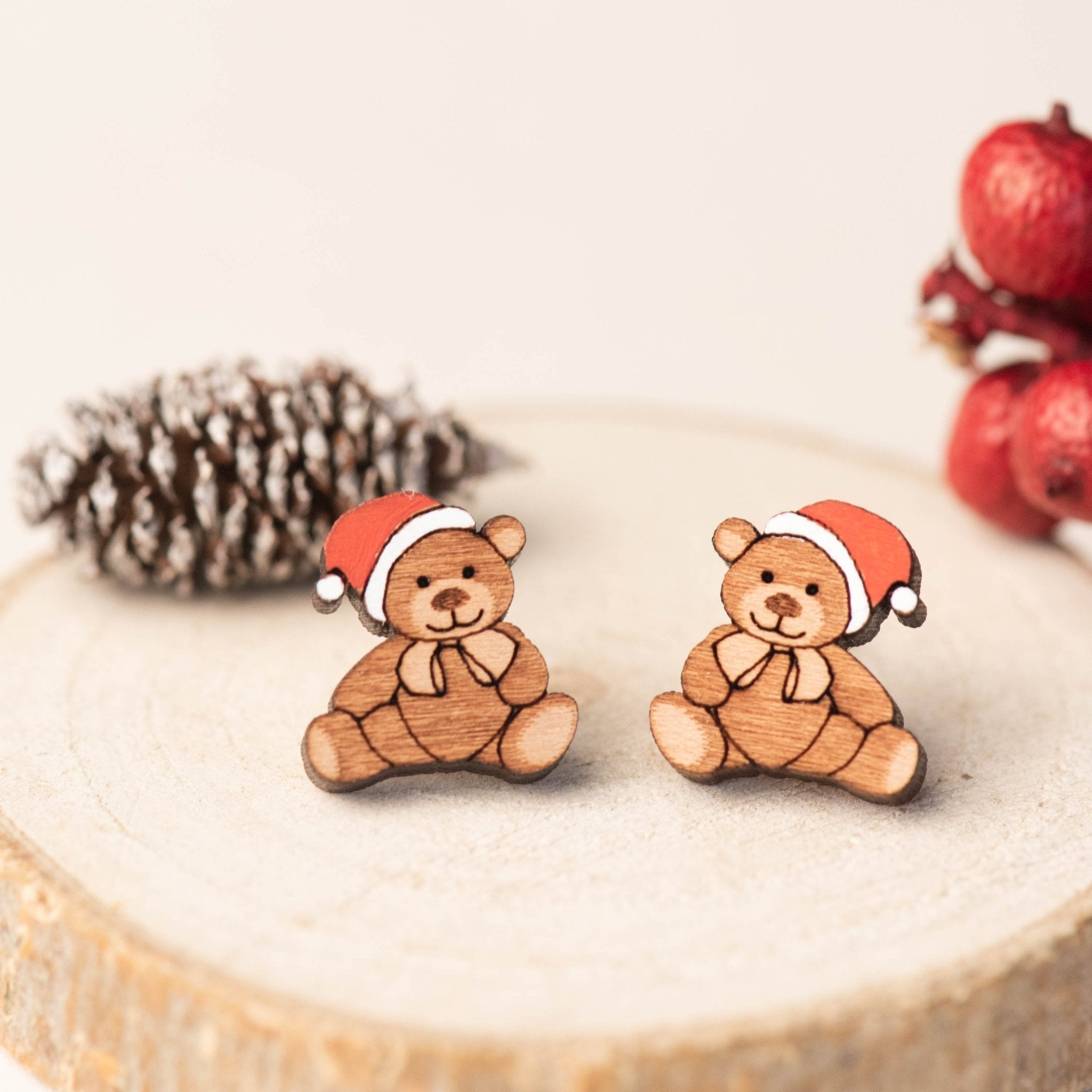 Christmas Teddy Bear in Red Hat Wood Earrings - EL10134 - Robin Valley Official Store