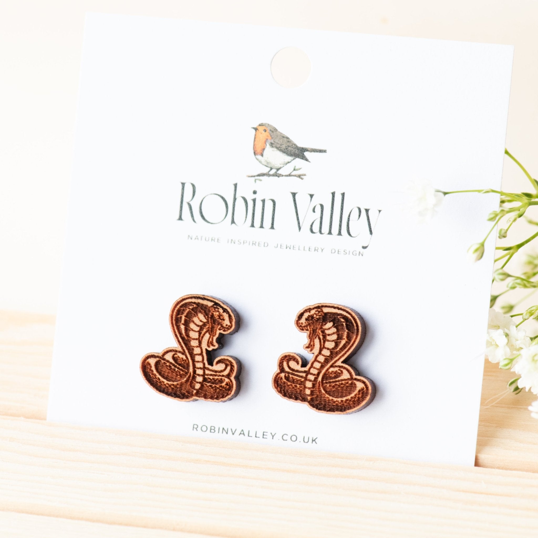 Cobra Snake Cherry Wood Stud Earrings - EL10110 - Robin Valley Official Store