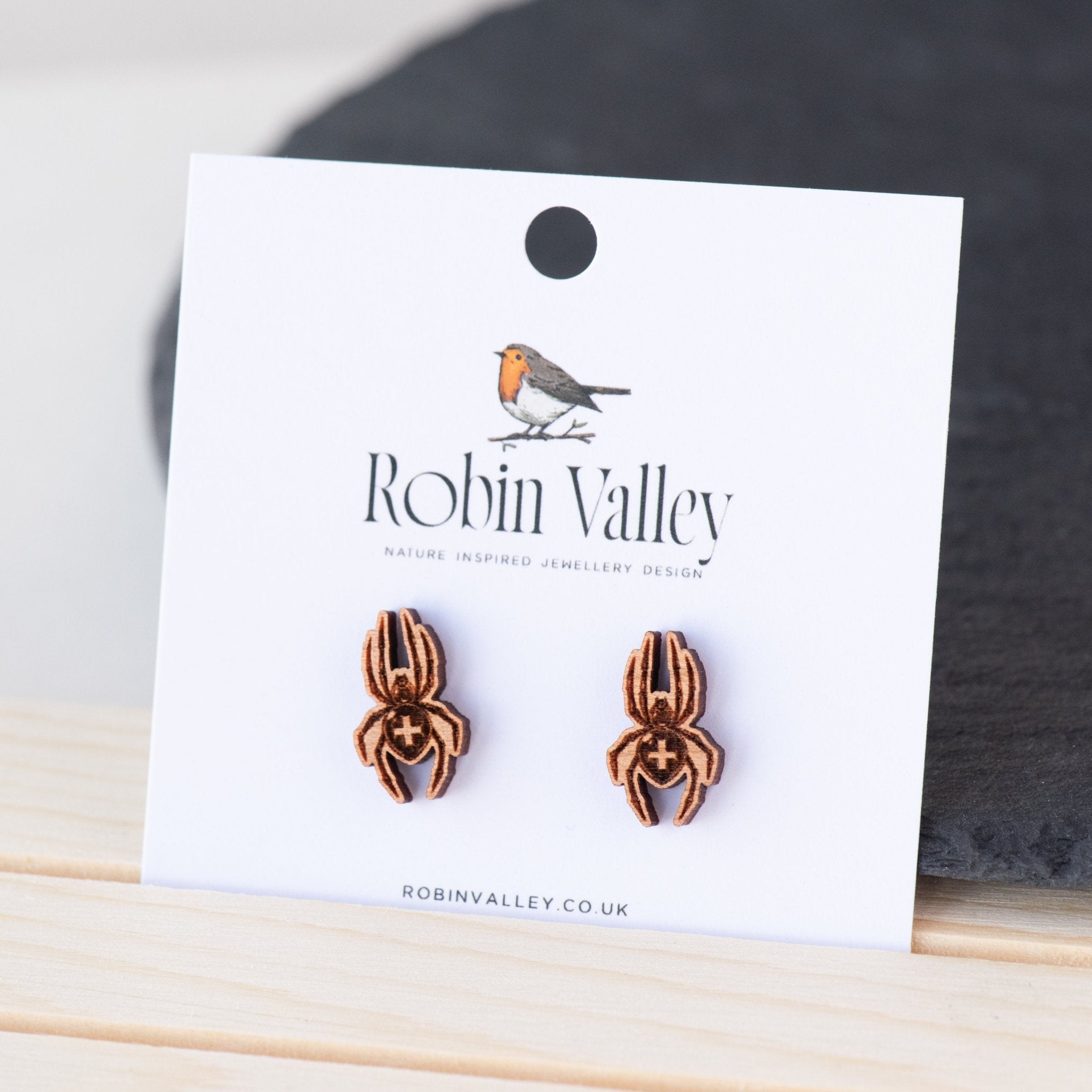 Cross Spider Cherry Wood Stud Earrings - EO14051 - Robin Valley Official Store