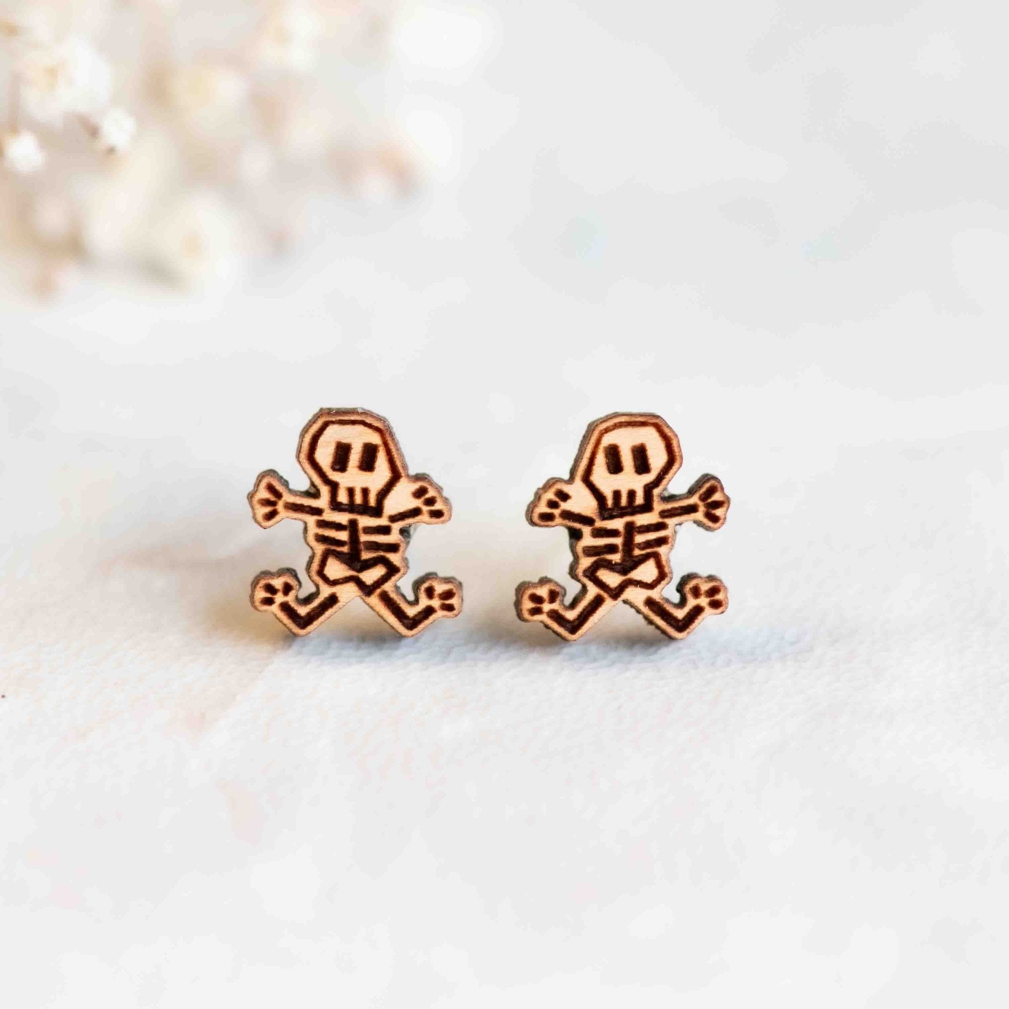 Dancing Skeleton Cherry Wood Stud Earrings - ET15135 - Robin Valley Official Store
