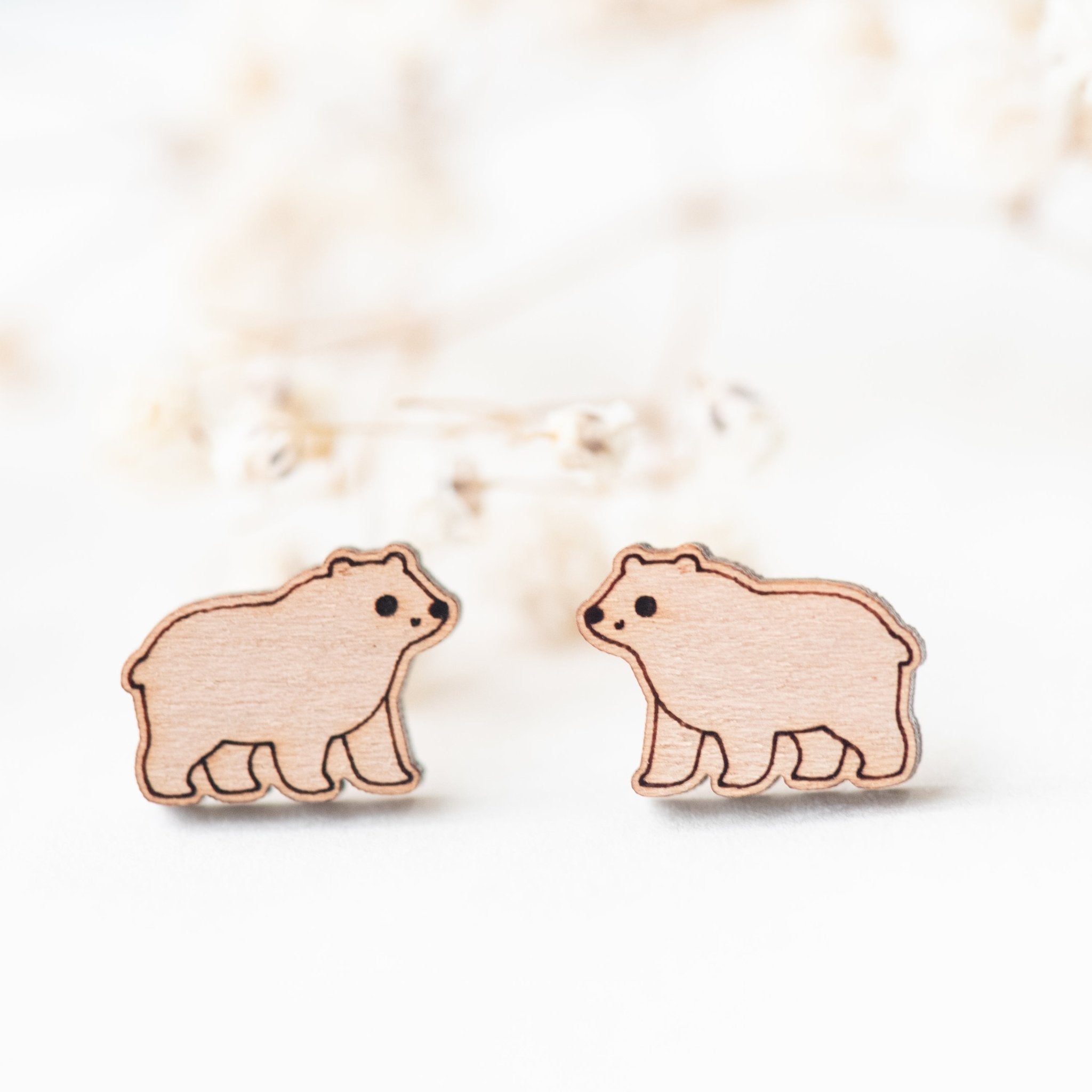 Doodle Polar Bear Cherry Wood Stud Earrings - EL10136 - Robin Valley Official Store
