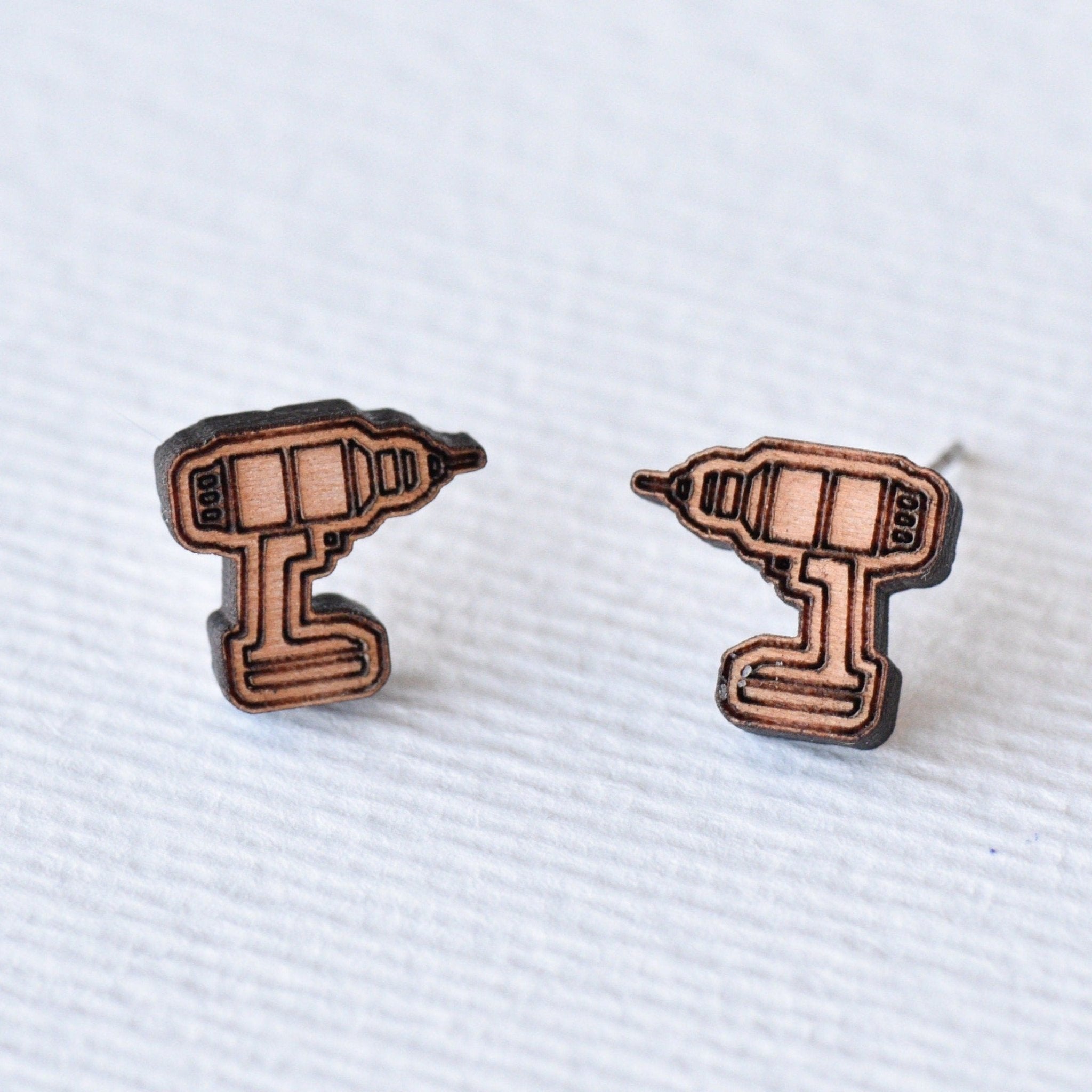 Electric Drill Cherry Wood Stud Earrings - ET15104 - Robin Valley Official Store