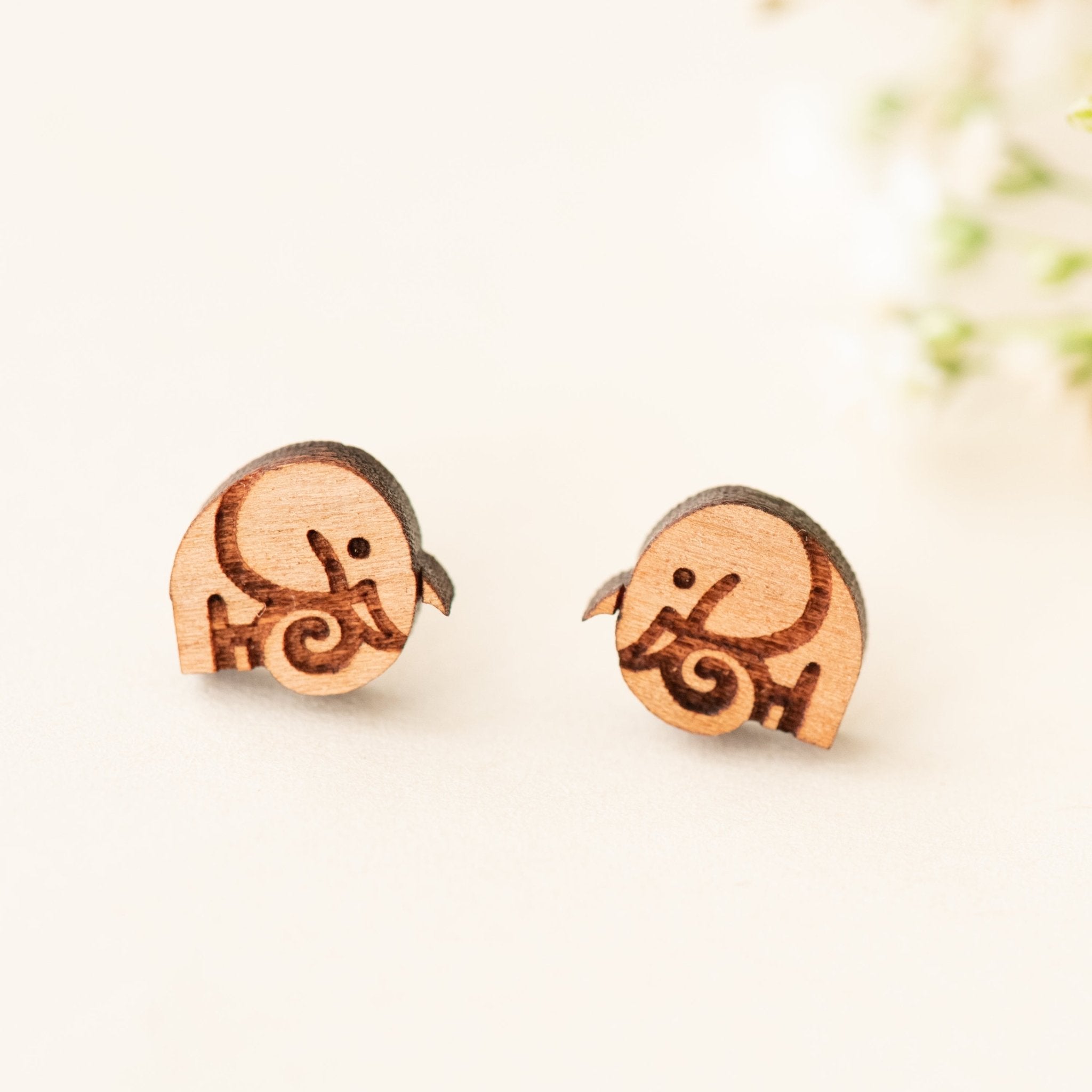 Elephant Cherry Wood Stud Earrings - EL10023 - Robin Valley Official Store