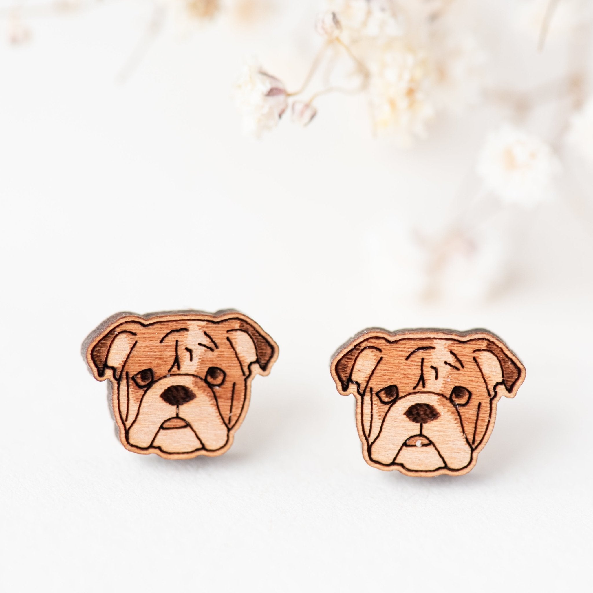 English Bulldog Dog Cherry Wood Stud Earrings - EL10144 - Robin Valley Official Store