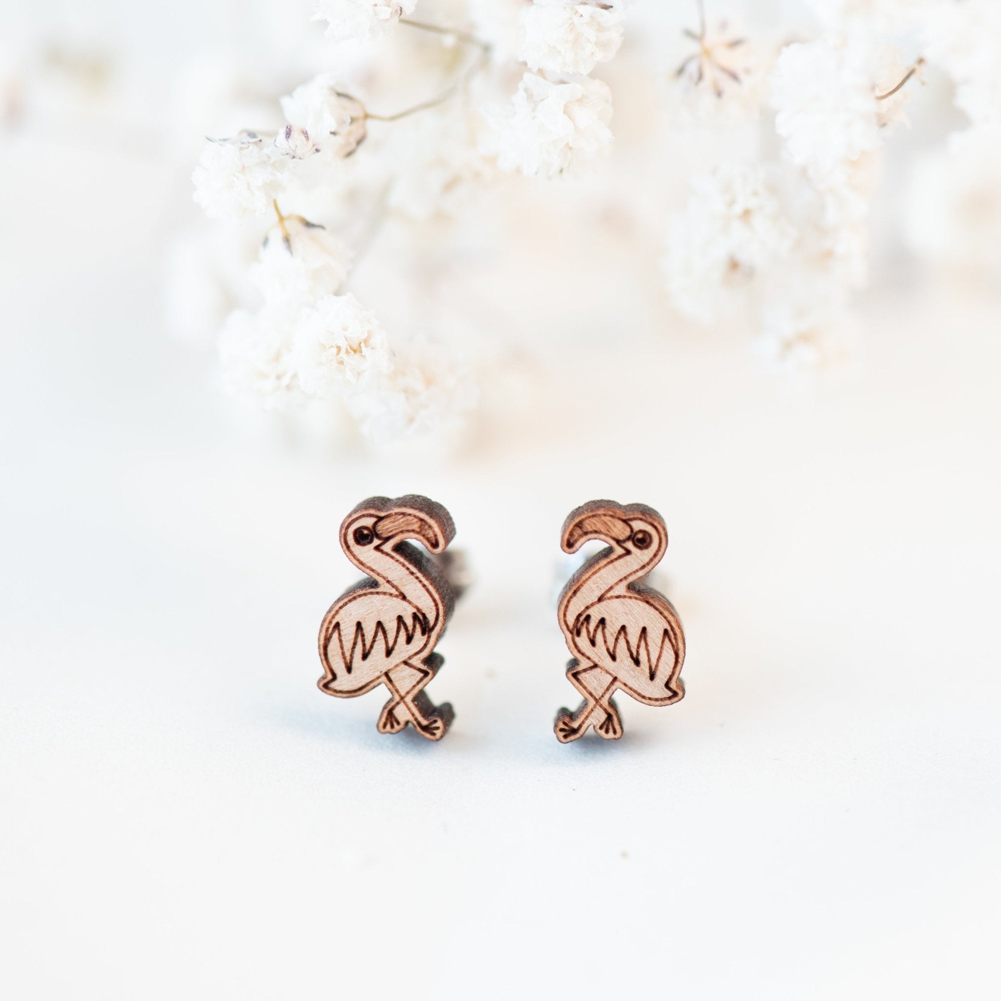 Flamingo Bird Cherry Wood Stud Earrings - EB12016 - Robin Valley Official Store
