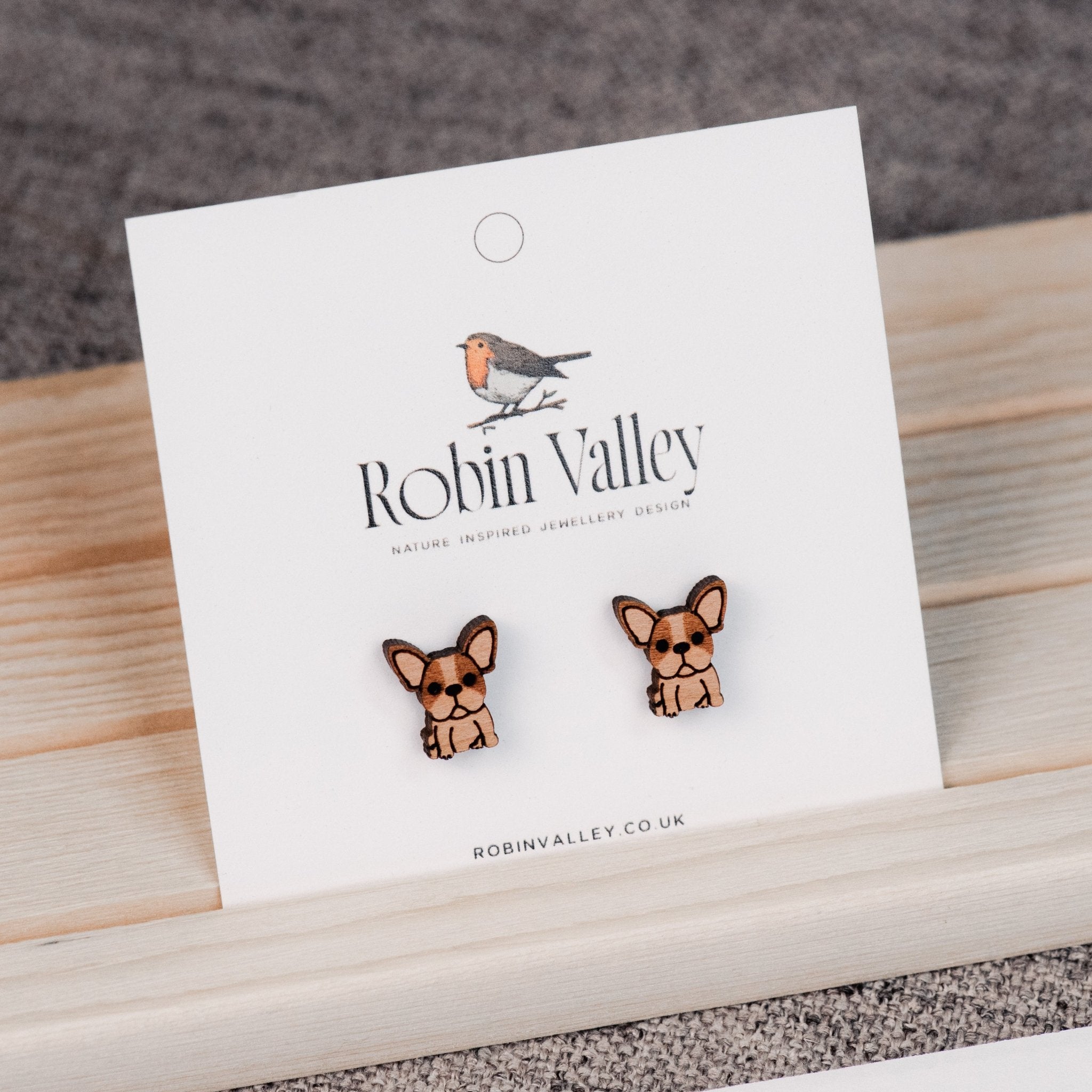 French Bull Dog 2 Cherry Wood Stud Earrings - EL10084 - Robin Valley Official Store