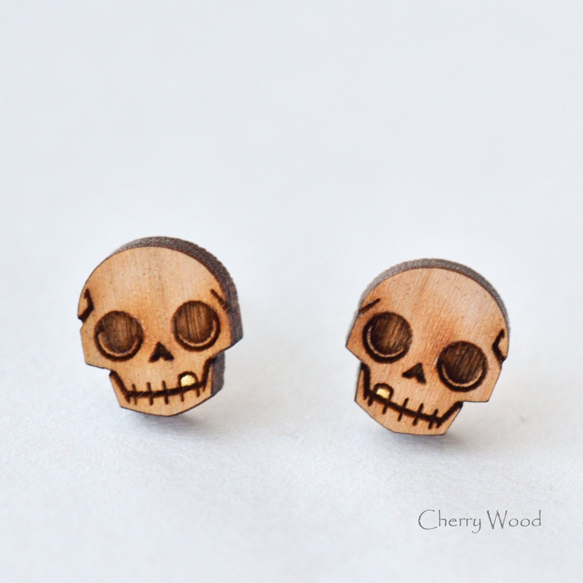 Golden Tooth Skull Cherry Wood Stud Earrings - ET15012 - Robin Valley Official Store