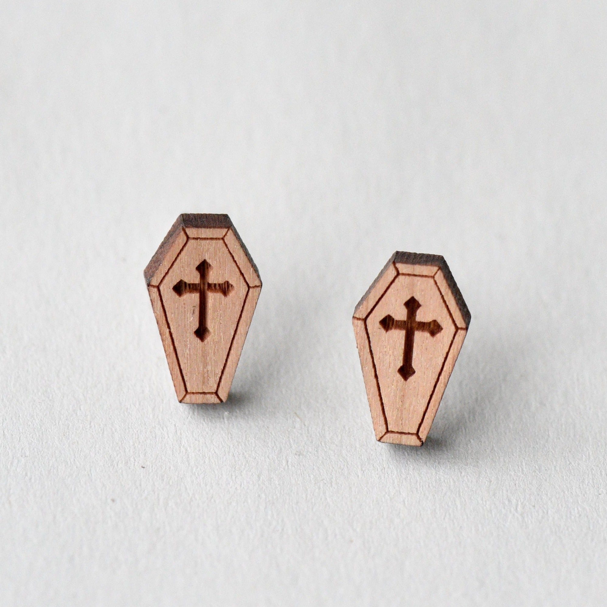 Gothic Coffin Cherry Wood Stud Earrings - ET15032 - Robin Valley Official Store