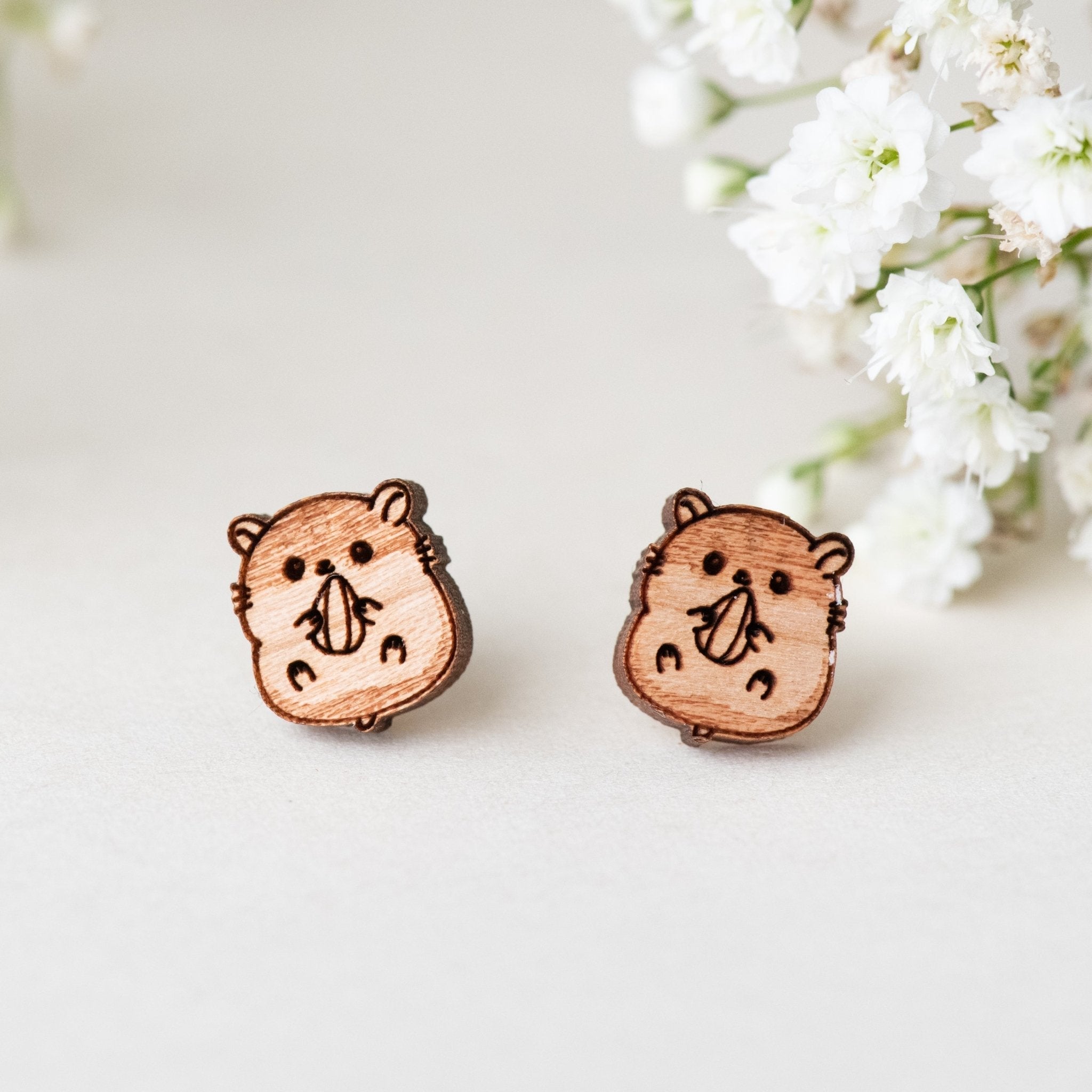 Hamster 2 Cherry Wood Stud Earrings - EL10028 - Robin Valley Official Store