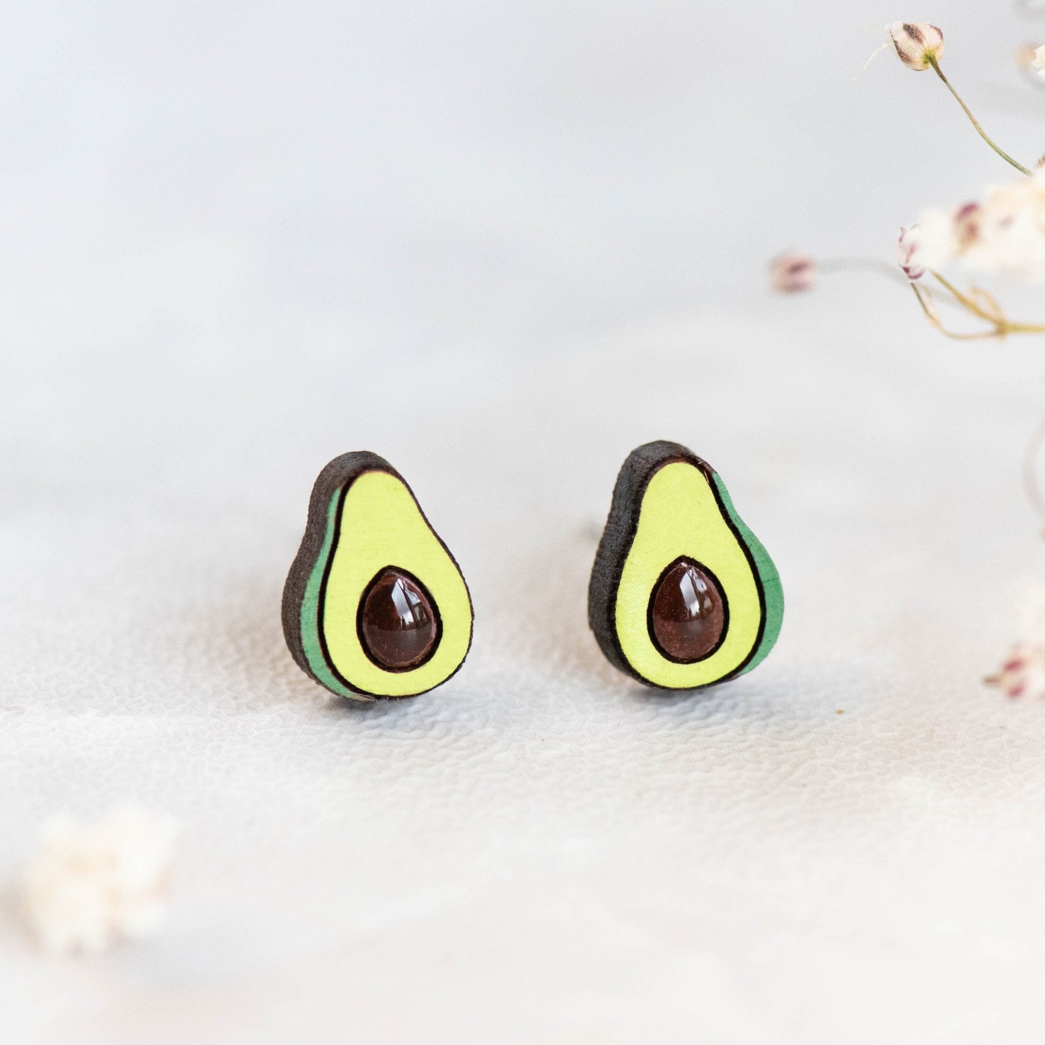 Hand-painted Avocado Cherry Wood Stud Earrings -PEO14090 - Robin Valley Official Store