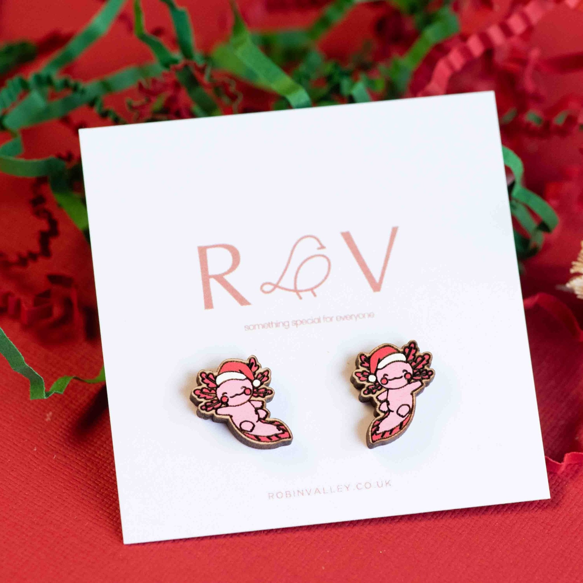 Hand-painted Axolotl with Santa Hat Christmas Cherry Wood Stud Earrings - PES13059 - Robin Valley Official Store