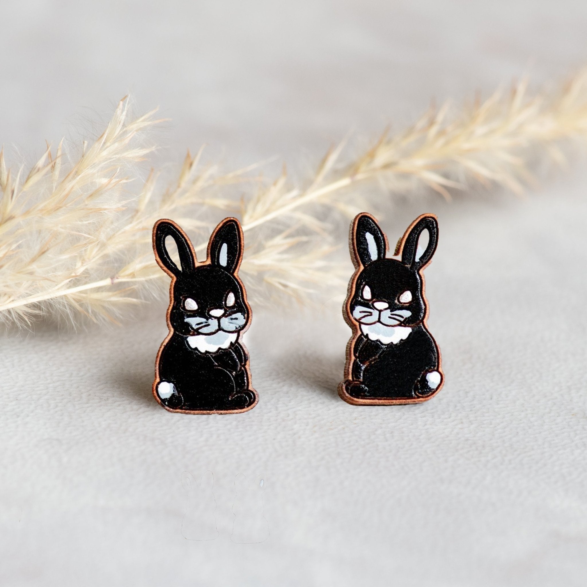 hand - painted Black Rabbit Cherry Wood Stud Earrings - PEL10196 - Robin Valley Official Store