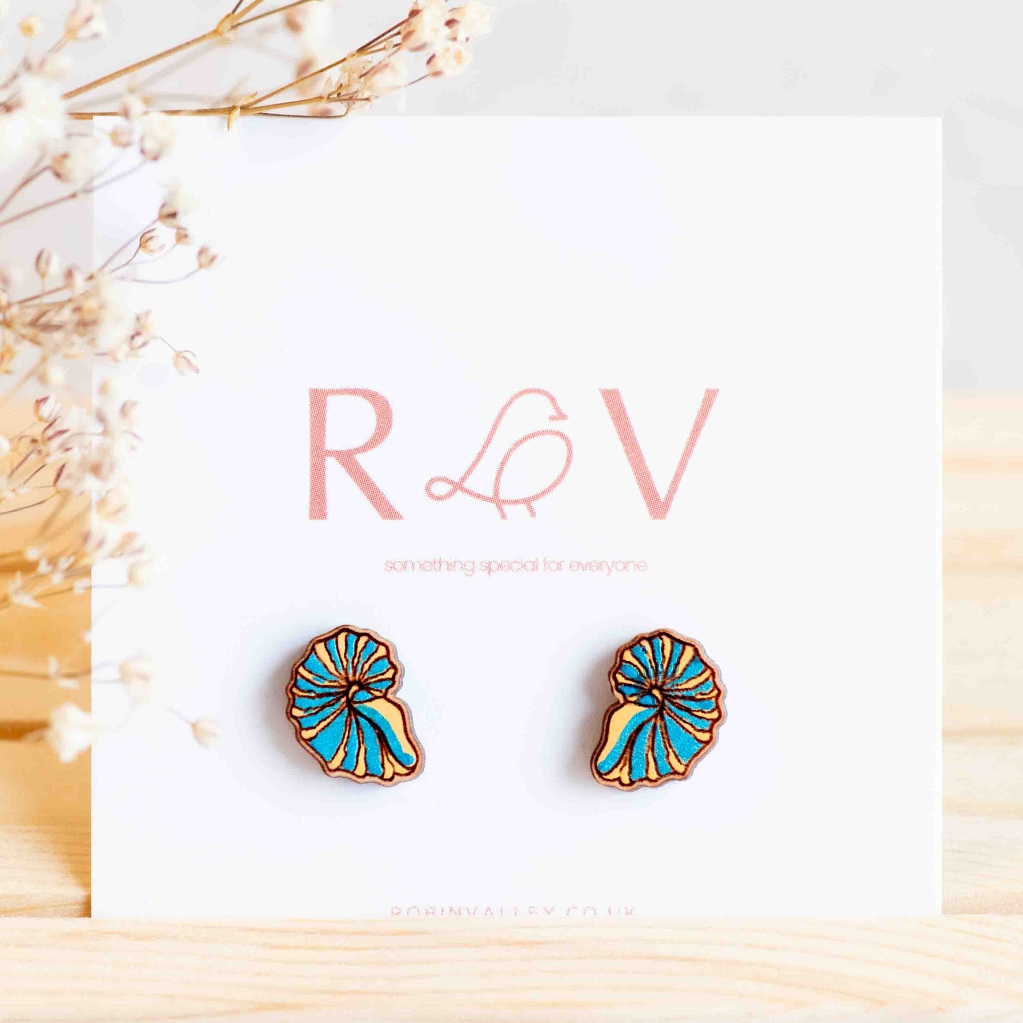 Hand-painted Blue Shell Cherry Wood Stud Earrings - PES13053 - Robin Valley Official Store