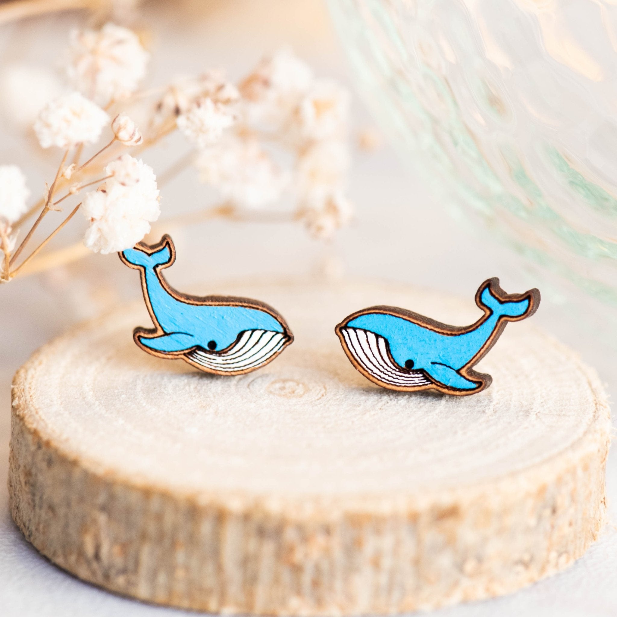 Hand-painted Blue Whale Cherry Wood Stud Earrings - PES13045 - Robin Valley Official Store