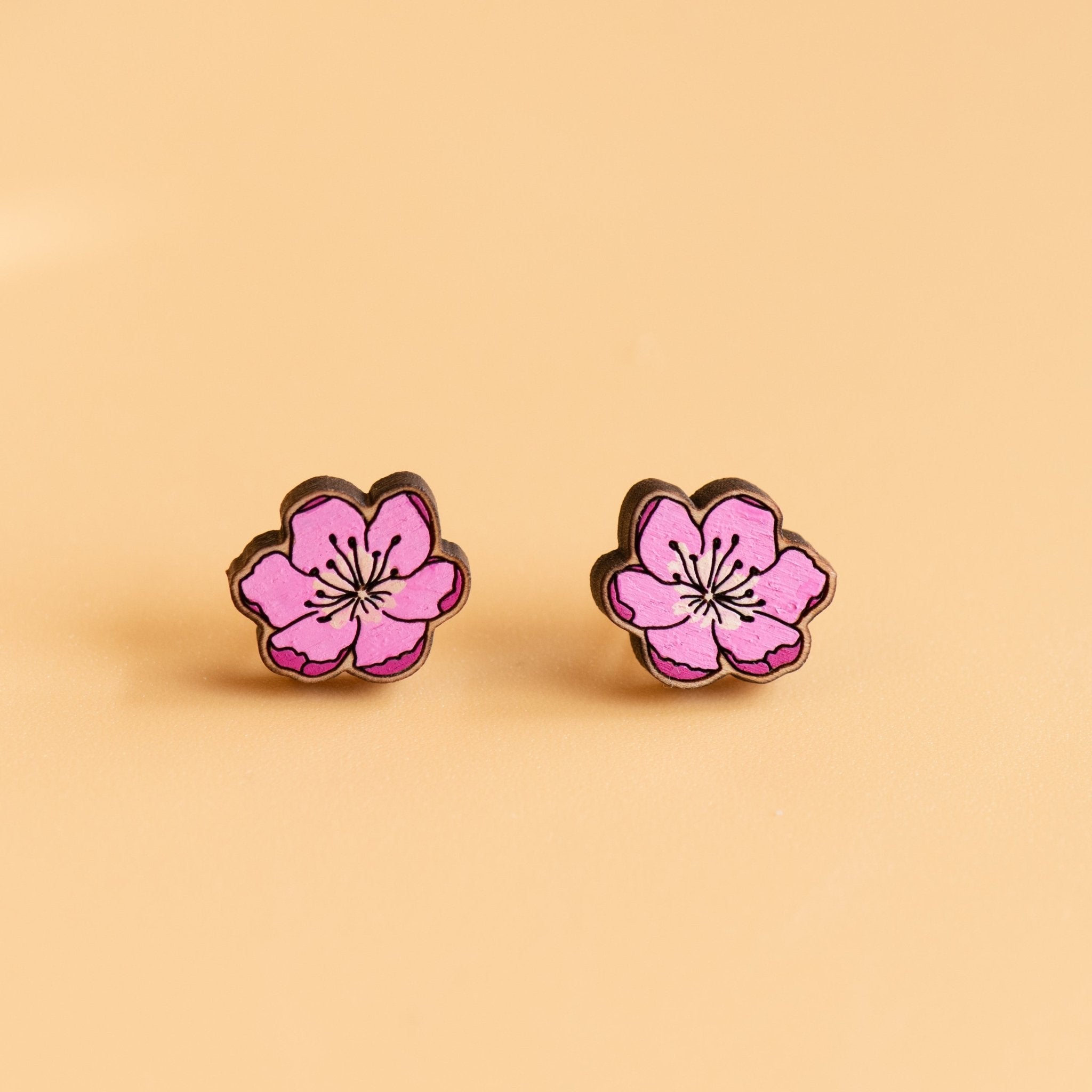 Hand-painted Cherry Blossom Flower Cherry Wood Stud Earrings - PEO14074 - Robin Valley Official Store