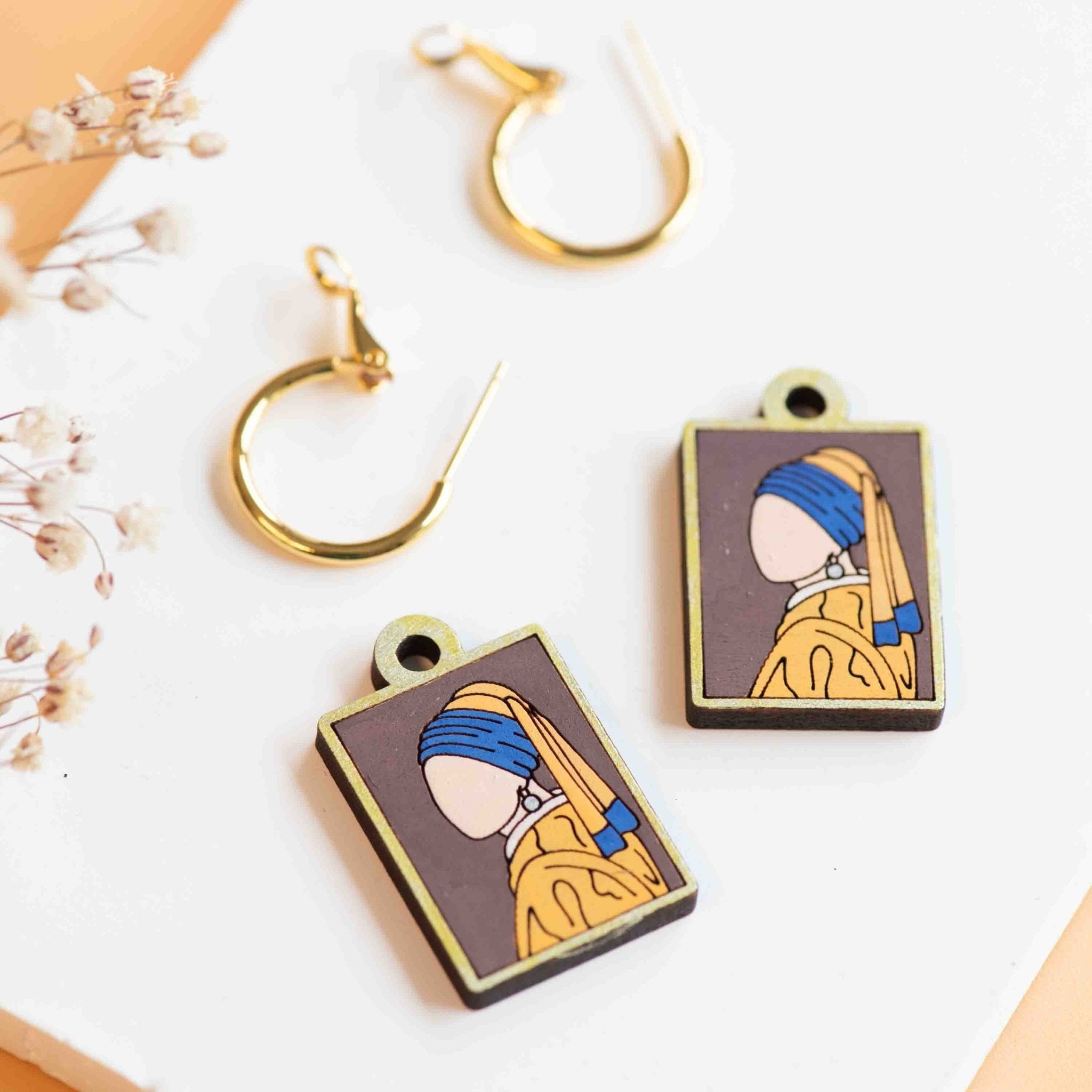 Hand - Painted Cherry Wood Girl with a Pearl Earring Hoop Earrings Inspired by Johannes Vermeer - PEO14065 - Robin Valley Official Store