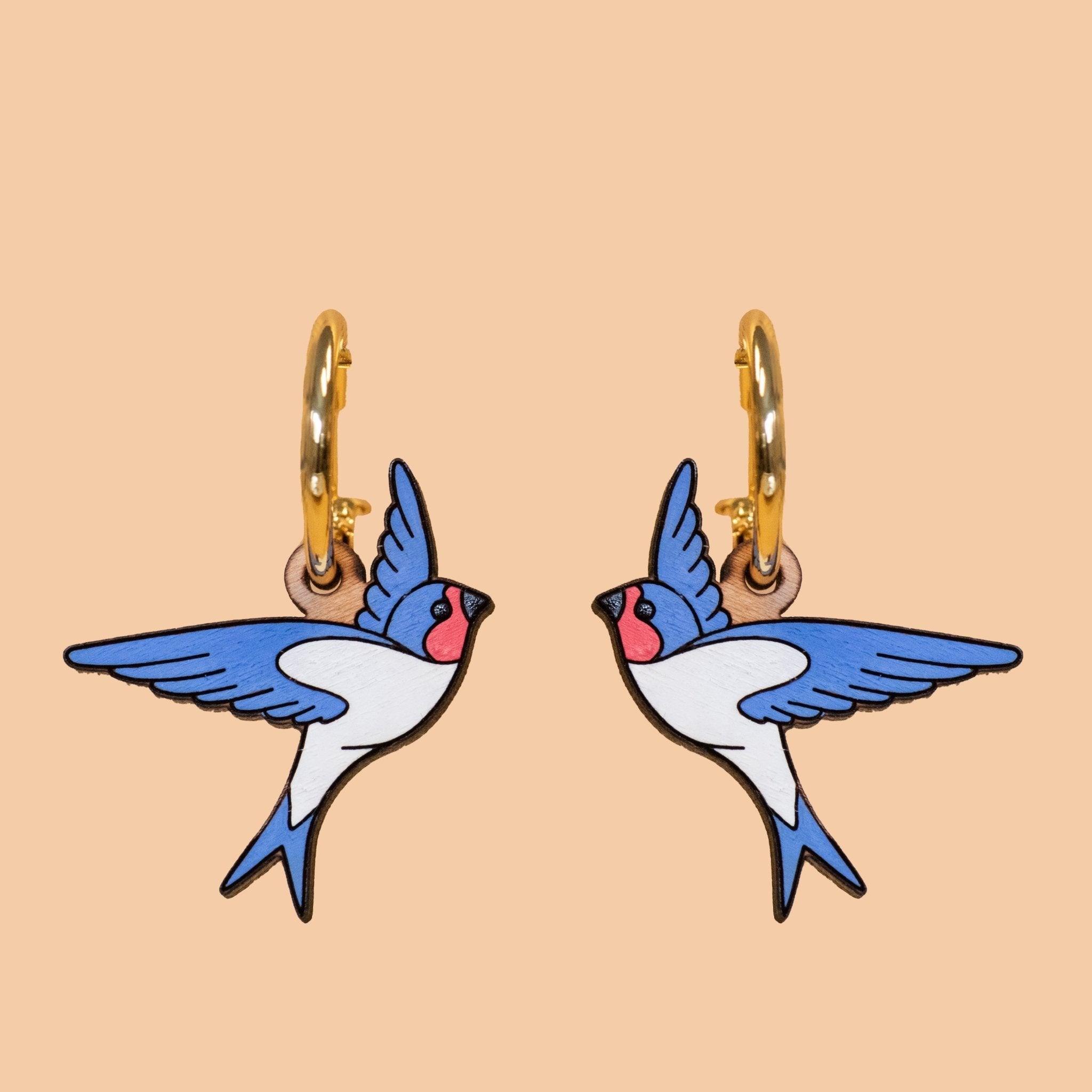 Hand - Painted Cherry Wood Swallow Hoop Earrings - PEB12043 - Robin Valley Official Store