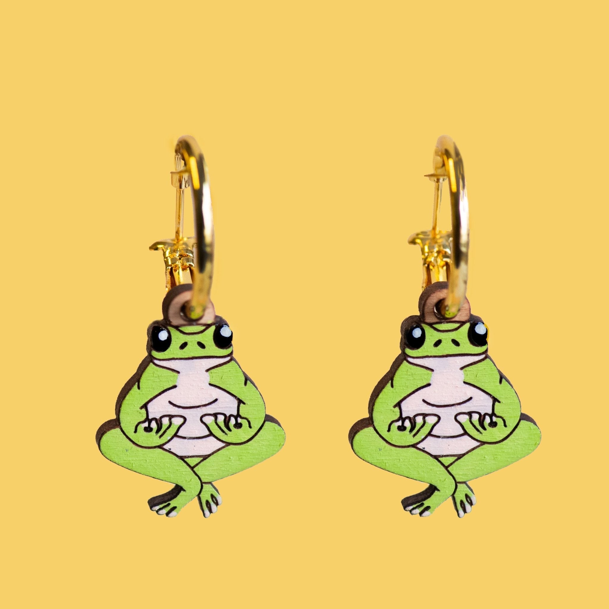 Hand - Painted Cherry Wood Yoga Frog Hoop Earrings - PEL10209 - Robin Valley Official Store