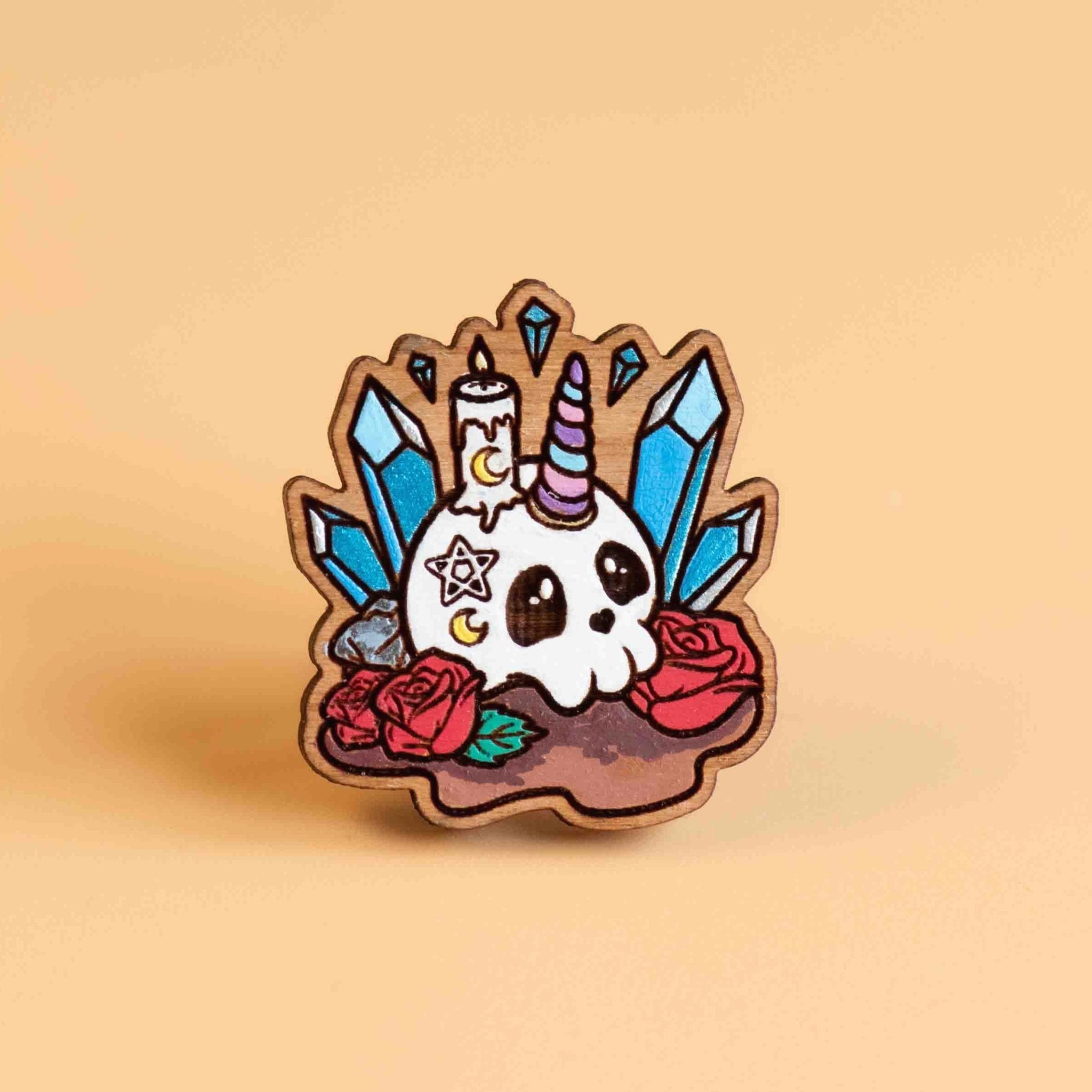 Hand - painted Crystal Horned Skull Wooden Pin Badge - PT45199 - Robin Valley Official Store
