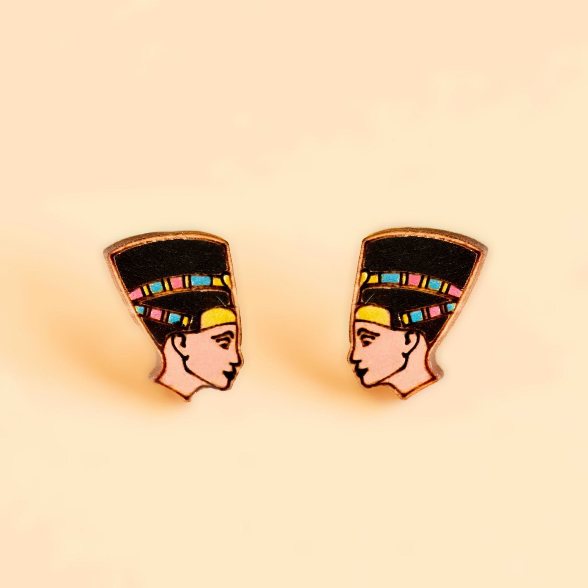 Hand-painted Egyptian Queen Nefertiti Studs Wooden Earrings - PEO14098 - Robin Valley Official Store