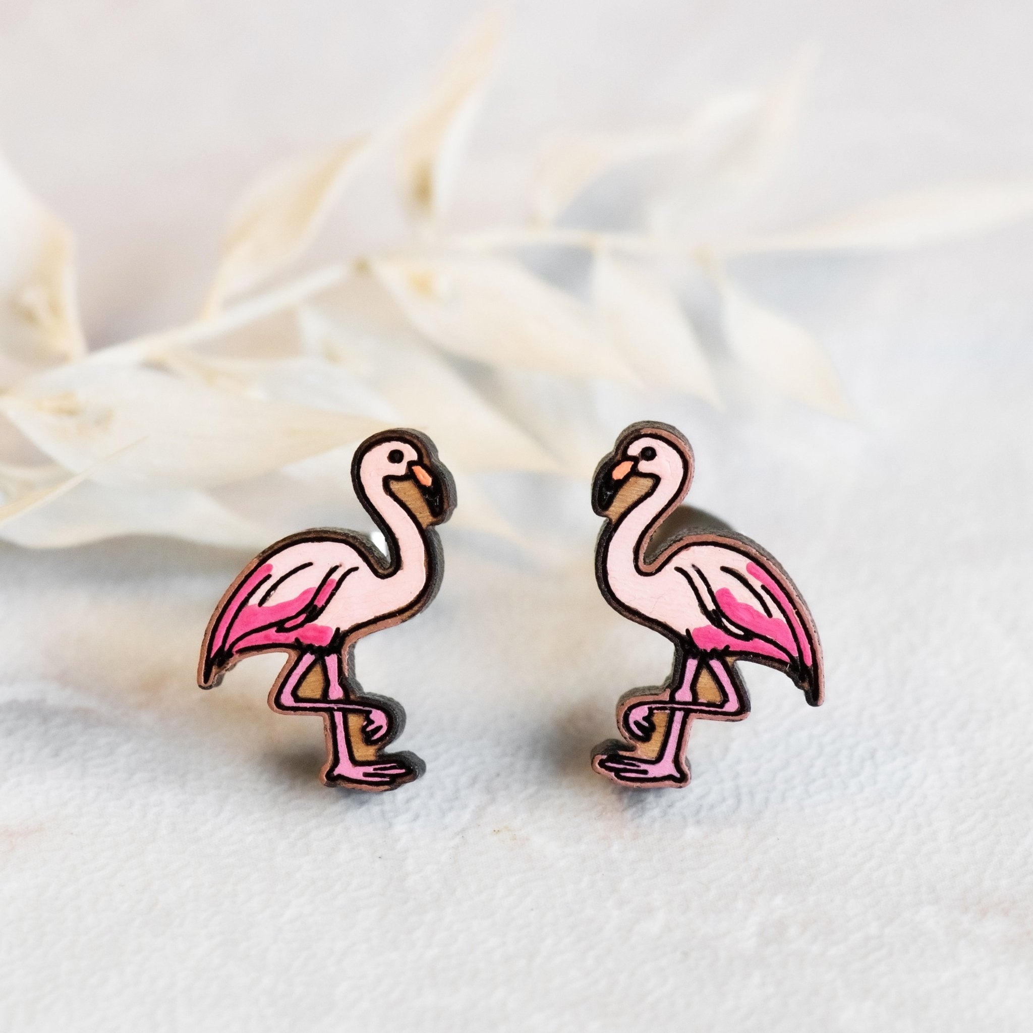 Hand-painted Flamingo Cherry Wood Stud Earrings - PEB12035 - Robin Valley Official Store