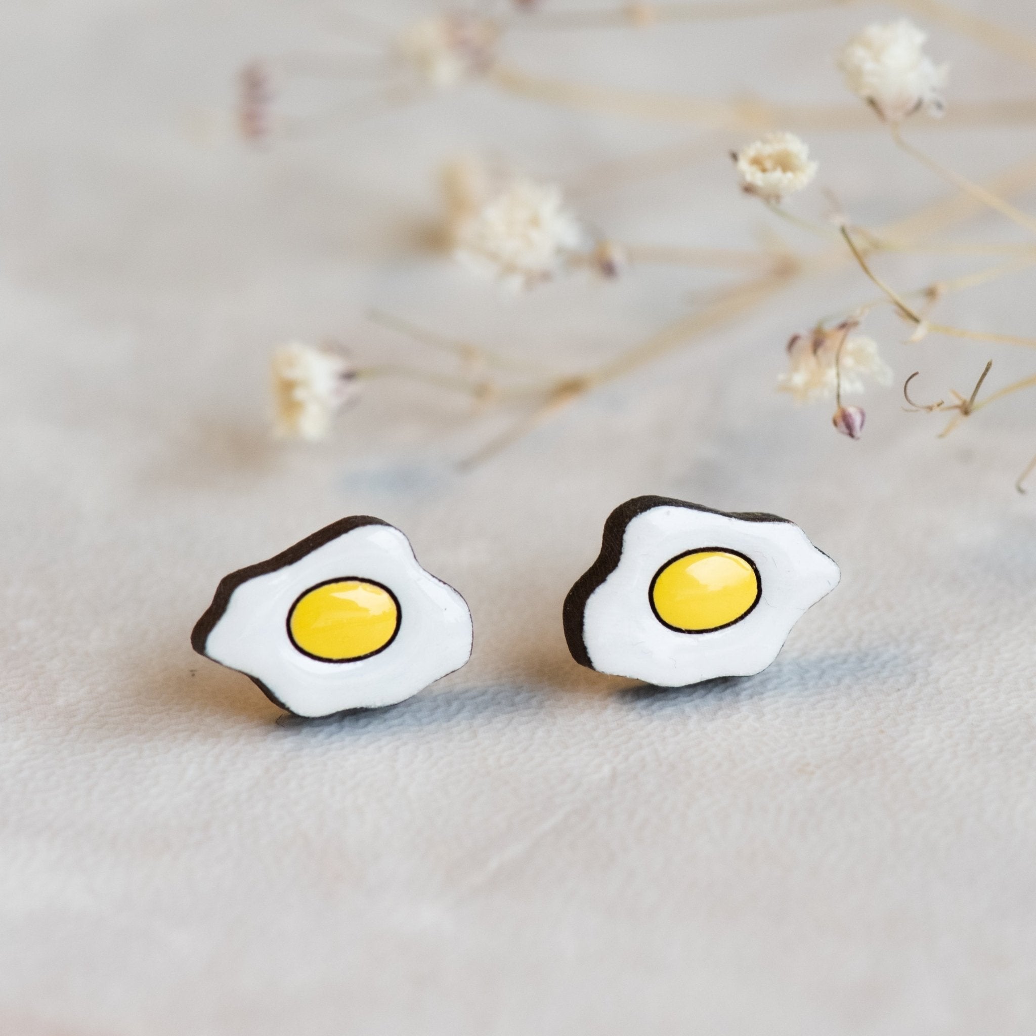 Hand - painted Fried Egg Cherry Wood Stud Earrings - PET15138 - Robin Valley Official Store