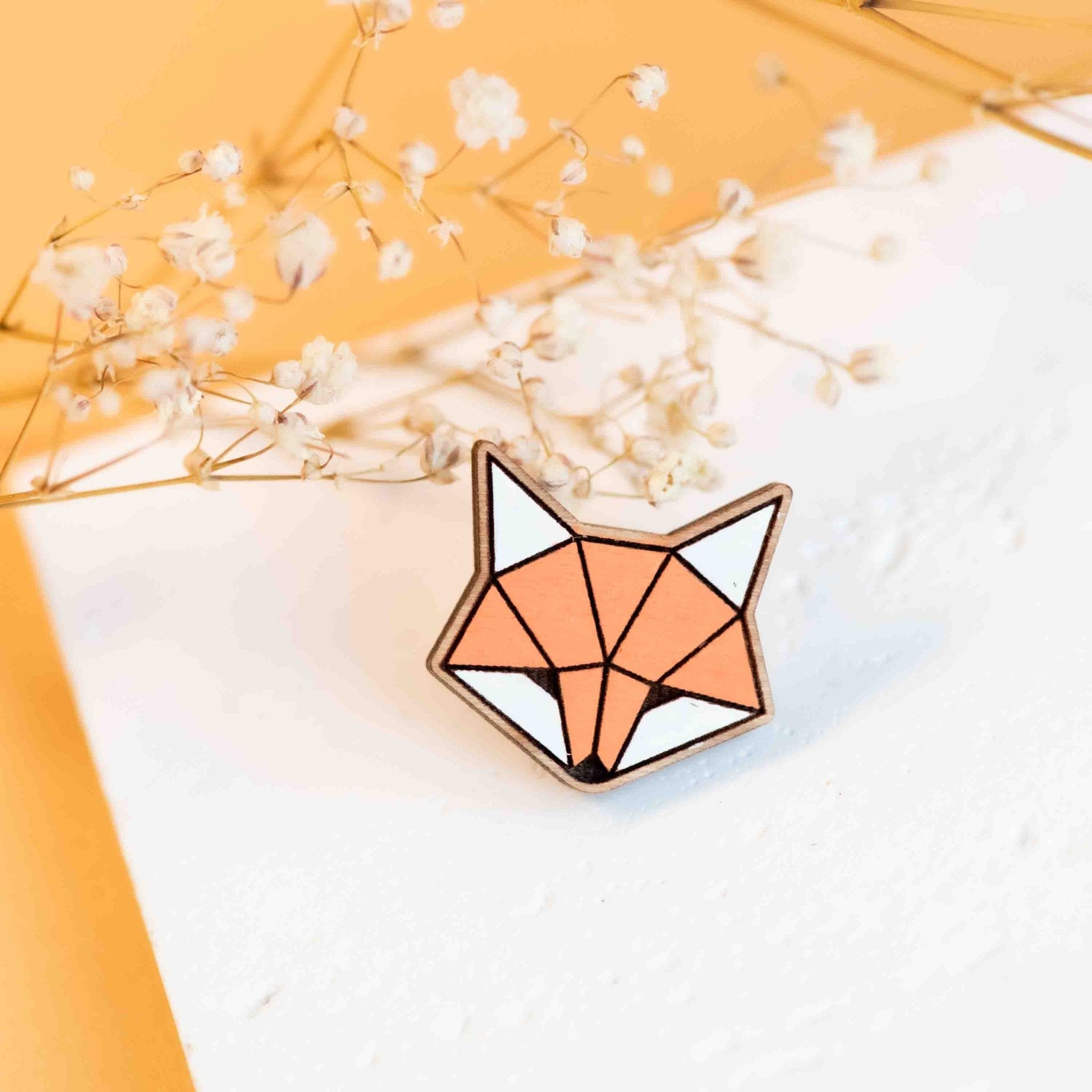 Hand - painted Geometric Origami Fox Wooden Pin Badge - PL40252 - Robin Valley Official Store