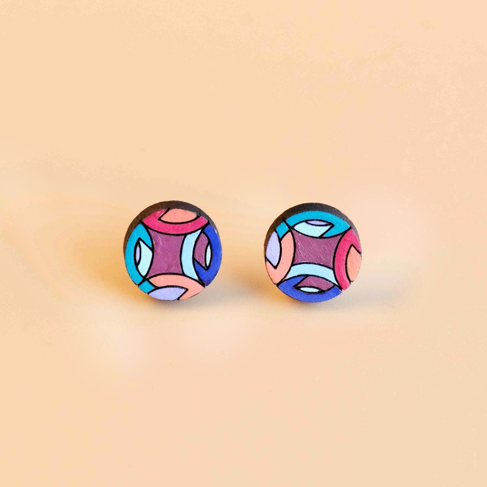 Hand - painted Geometric Pattern Cherry Wood Stud Earrings Inspired by Frank Stella - PET15122 - Robin Valley Official Store