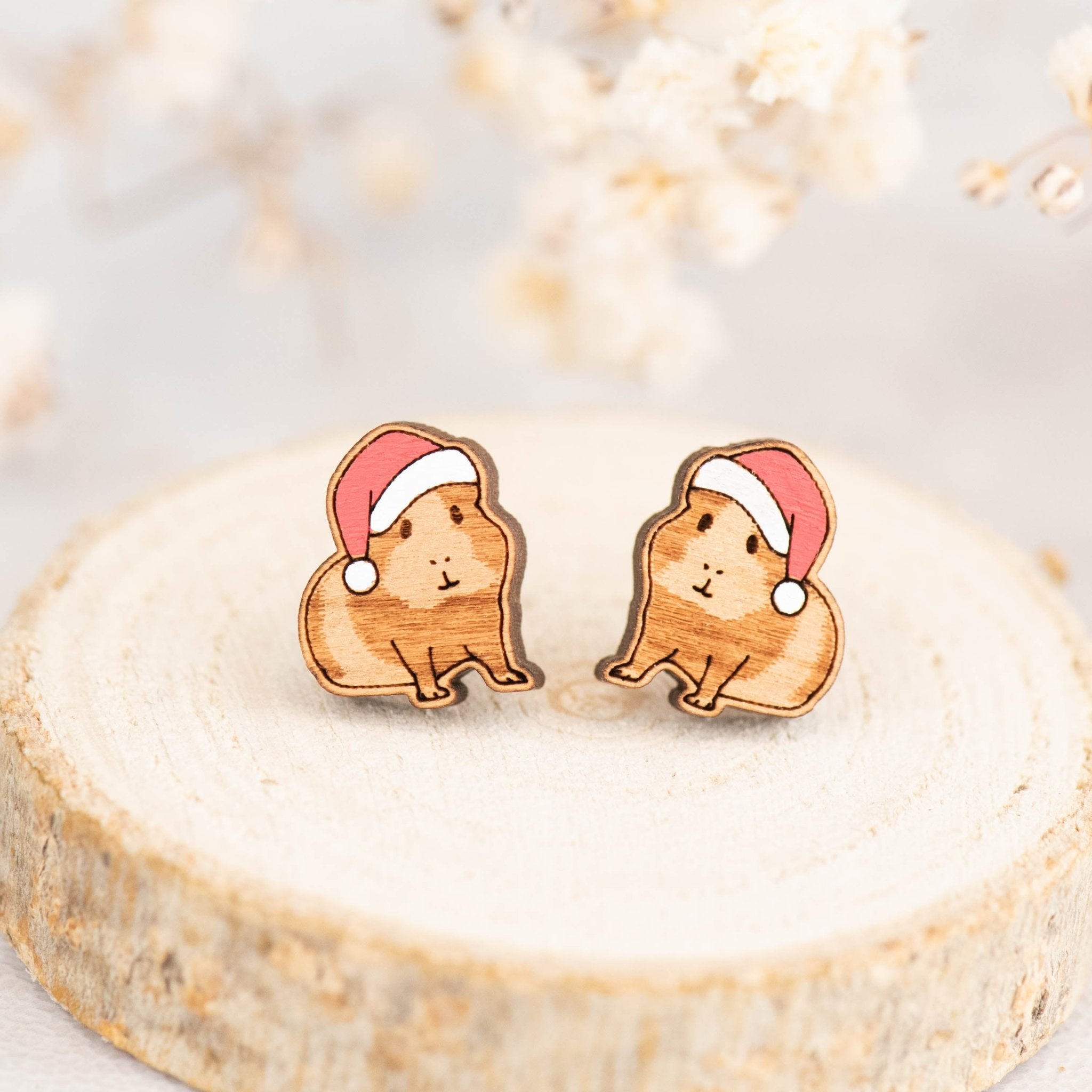 Hand-painted Guinea Pig Earrings in Santa Hat Xmas Collection Wooden Earrings -PEL10159 - Robin Valley Official Store