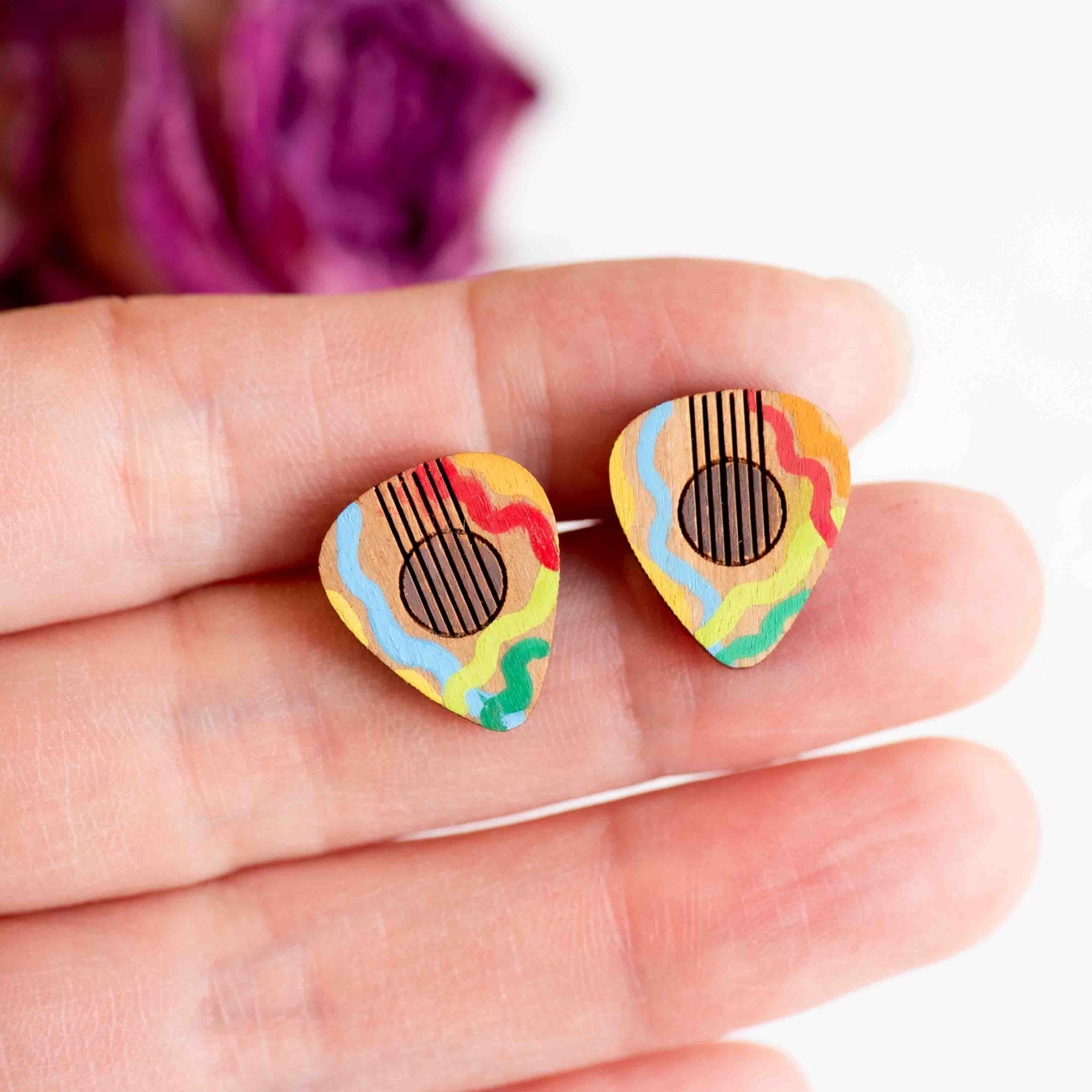 Hand-painted Guitar Pick Earrings Wooden Jewellery - PET15195 - Robin Valley Official Store