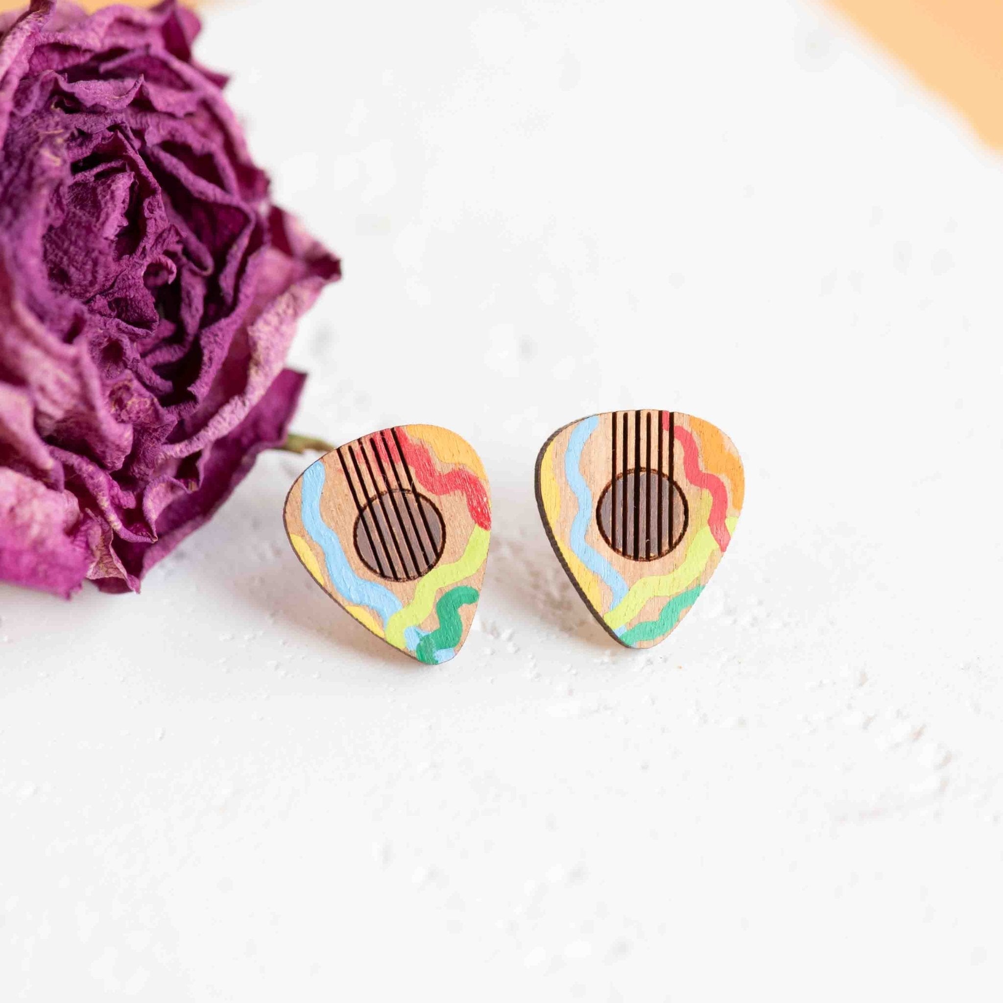 Hand - painted Guitar Pick Earrings Wooden Jewellery - PET15195 - Robin Valley Official Store
