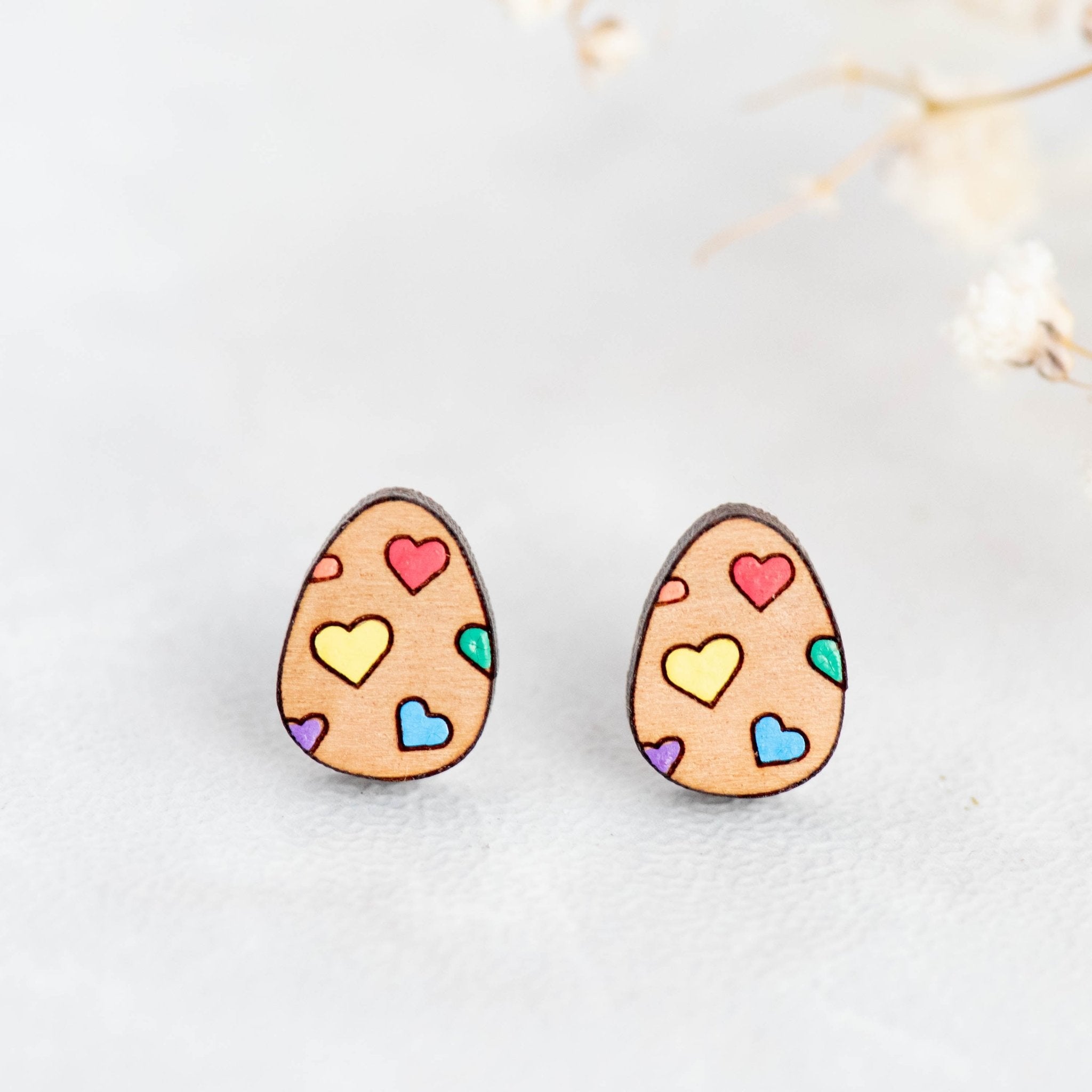 Hand - painted Heart Easter Egg Wooden Earrings - PET15266 - Robin Valley Official Store