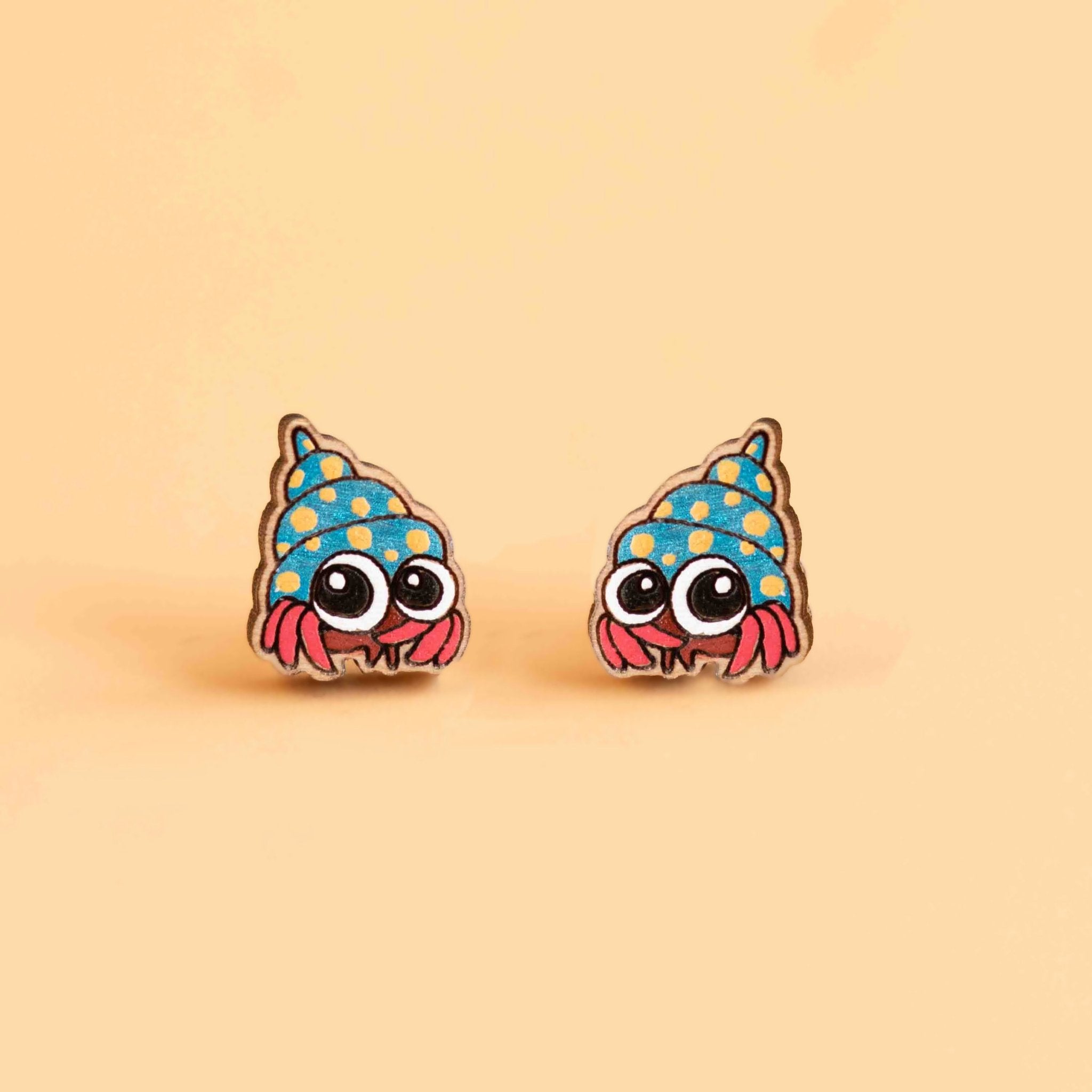 Hand-painted Hermit Crab Cherry Wood Stud Earrings - PES13044 - Robin Valley Official Store