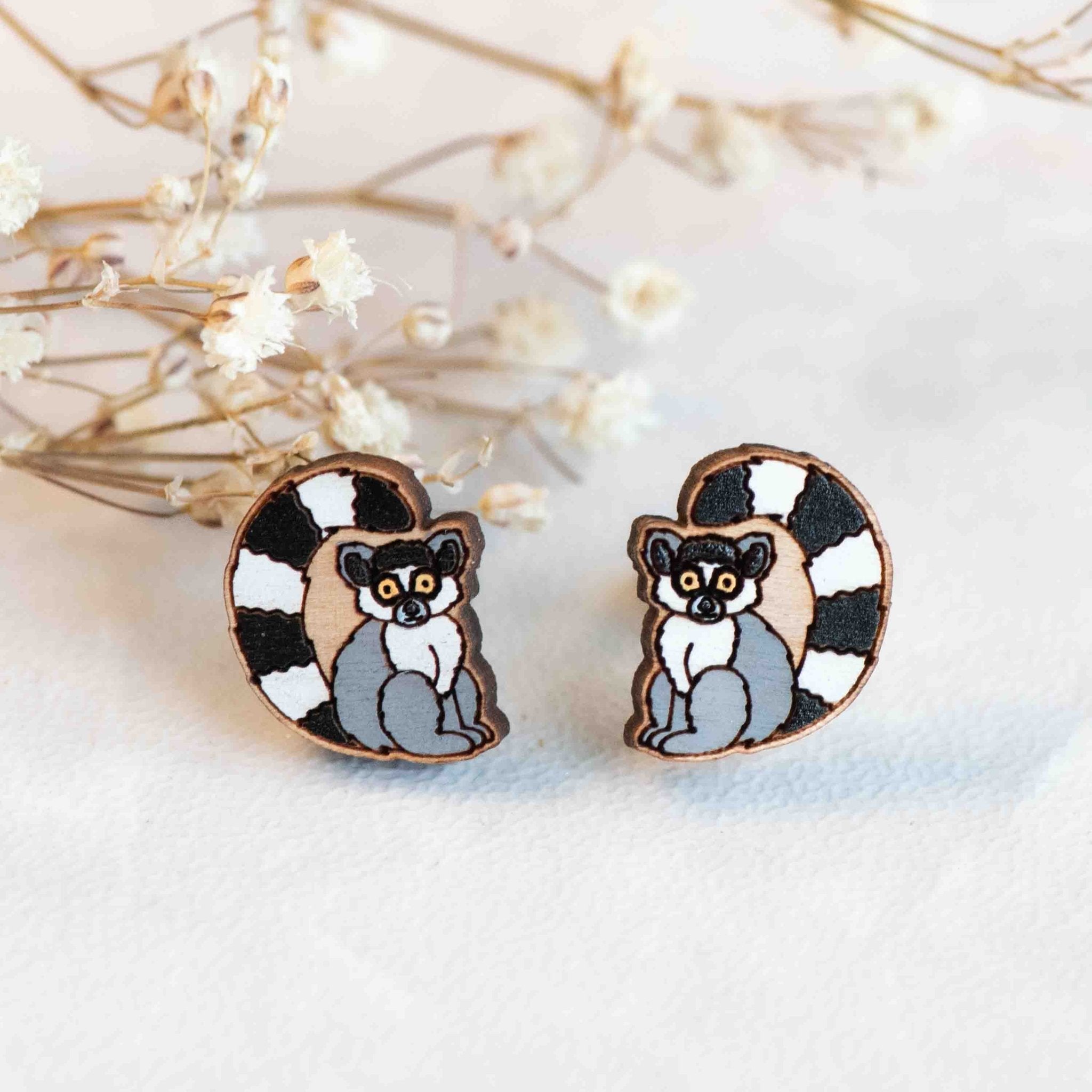 Hand-painted Lemur Earrings Wooden Studs Eco-jewellery - PEL10170 - Robin Valley Official Store