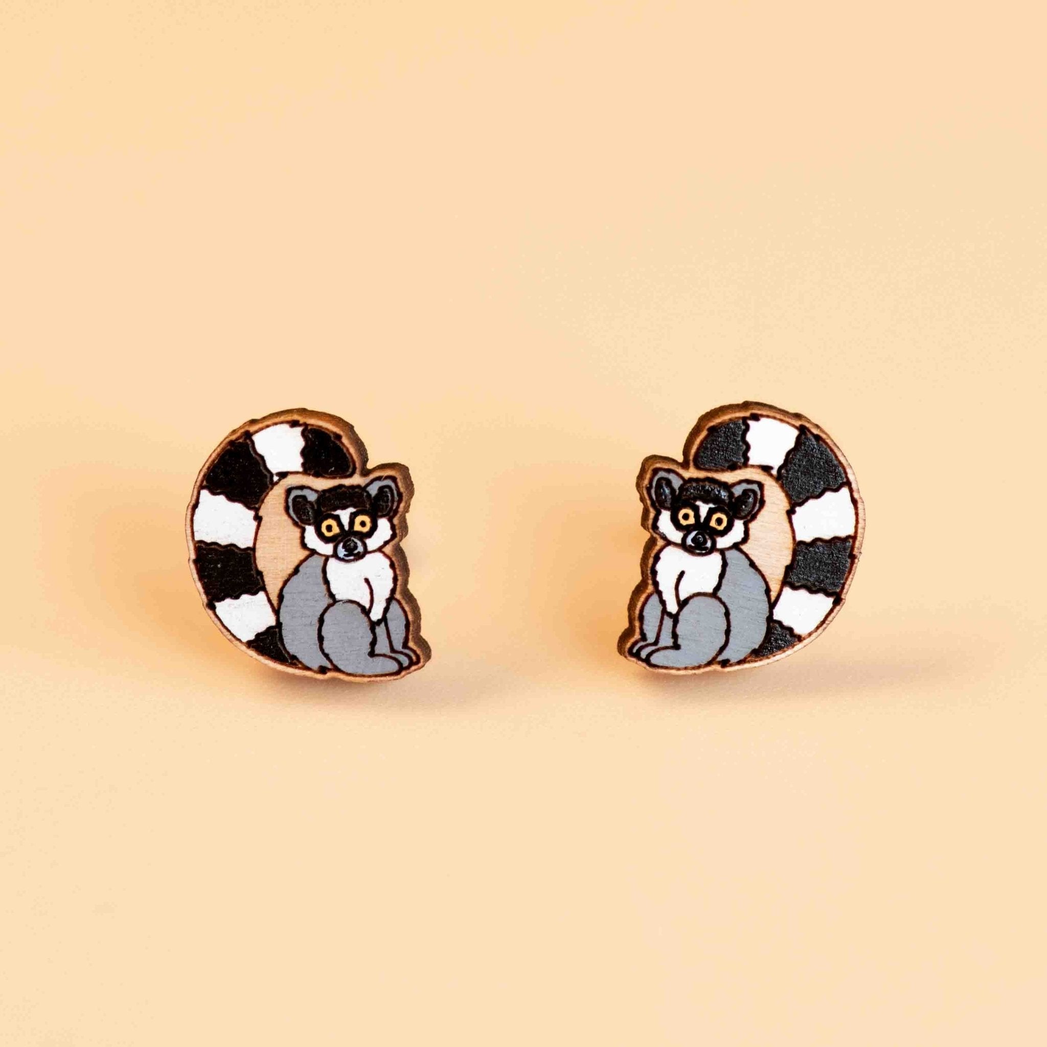 Hand-painted Lemur Earrings Wooden Studs Eco-jewellery - PEL10170 - Robin Valley Official Store