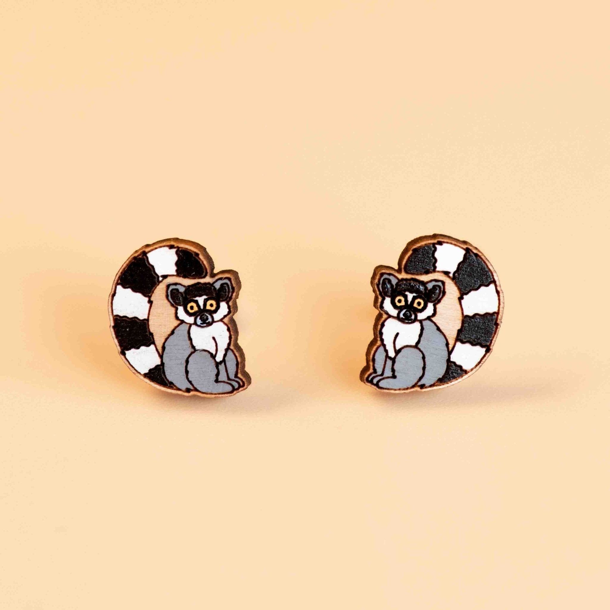 Hand - painted Lemur Earrings Wooden Studs Eco - jewellery - PEL10170 - Robin Valley Official Store
