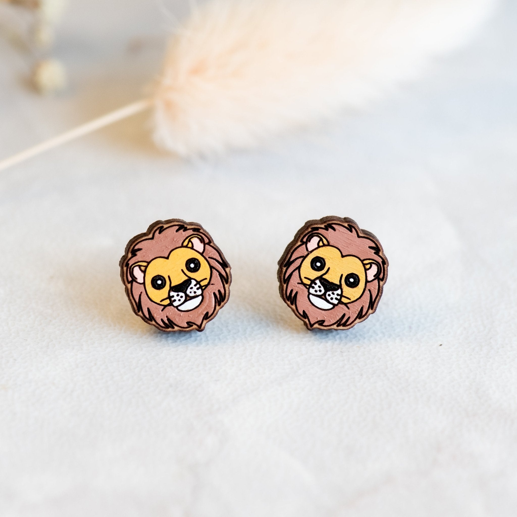 Hand-painted Lion Earrings Cherry Wood Earrings - PEL10193 - Robin Valley Official Store