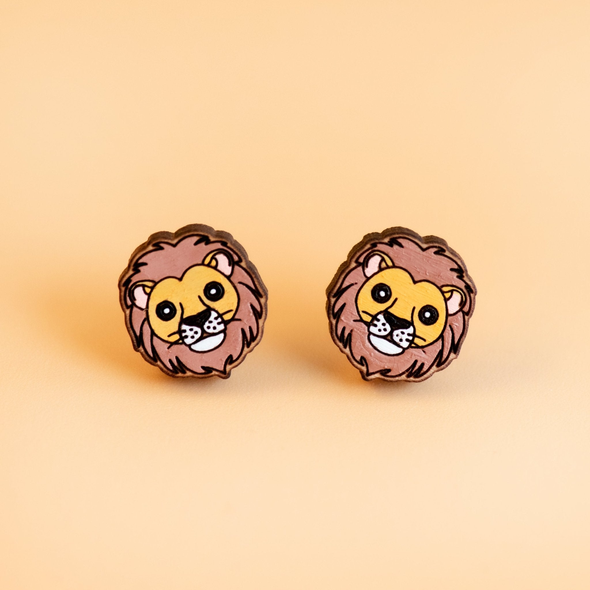 Hand-painted Lion Earrings Cherry Wood Earrings - PEL10193 - Robin Valley Official Store