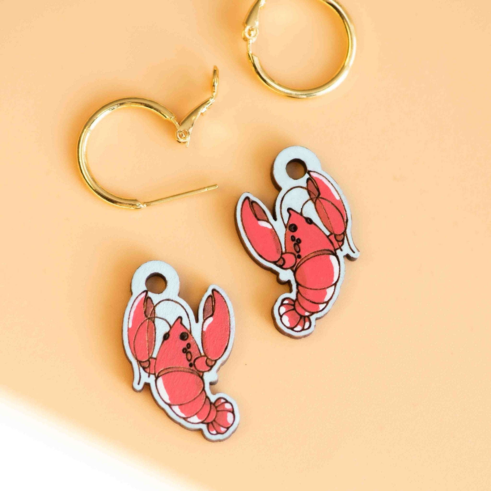 Hand-Painted Lobster Wooden Hoop Earrings - PES13065 - Robin Valley Official Store