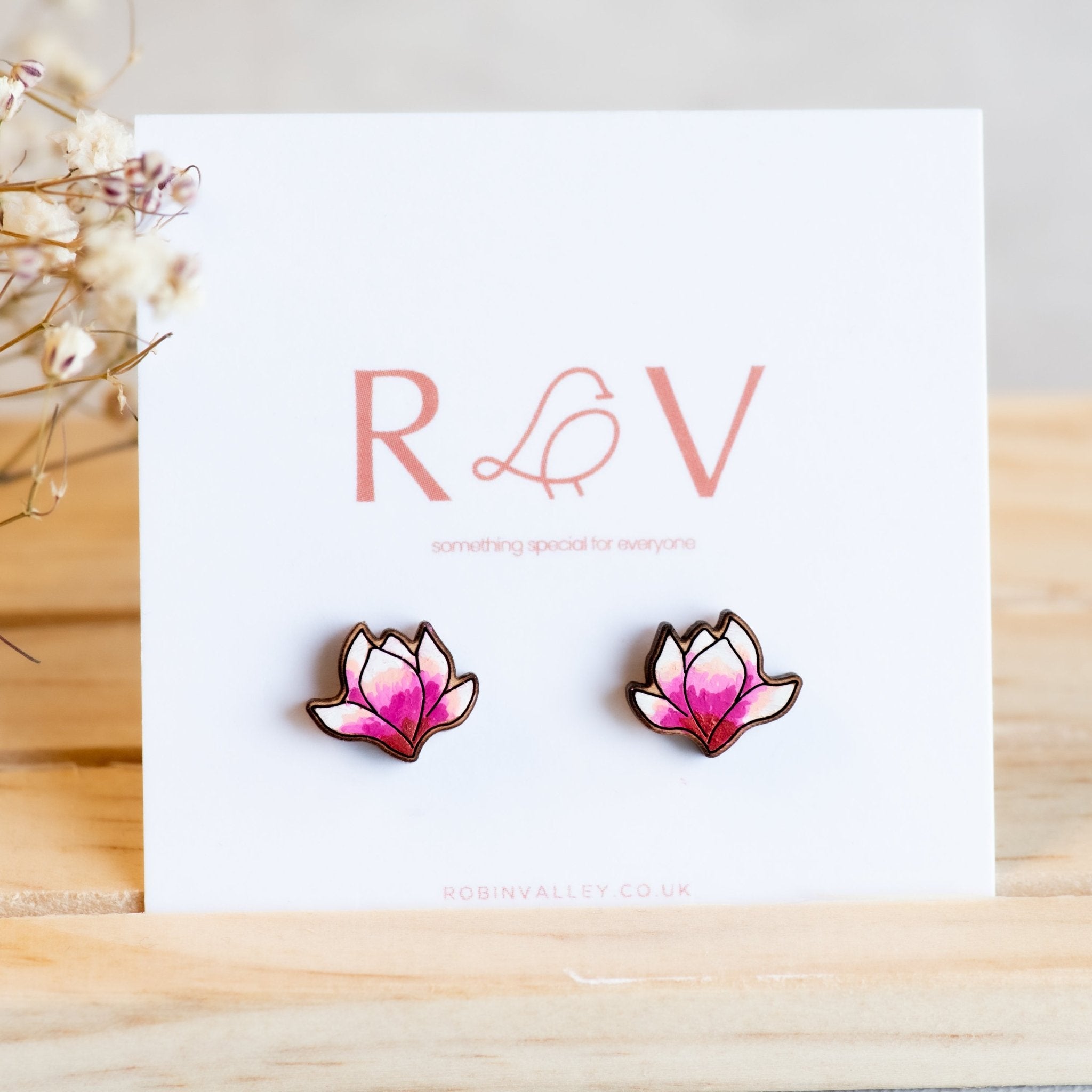 Hand-painted Magnolia Flower Cherry Wood Stud Earrings - PEO14078 - Robin Valley Official Store