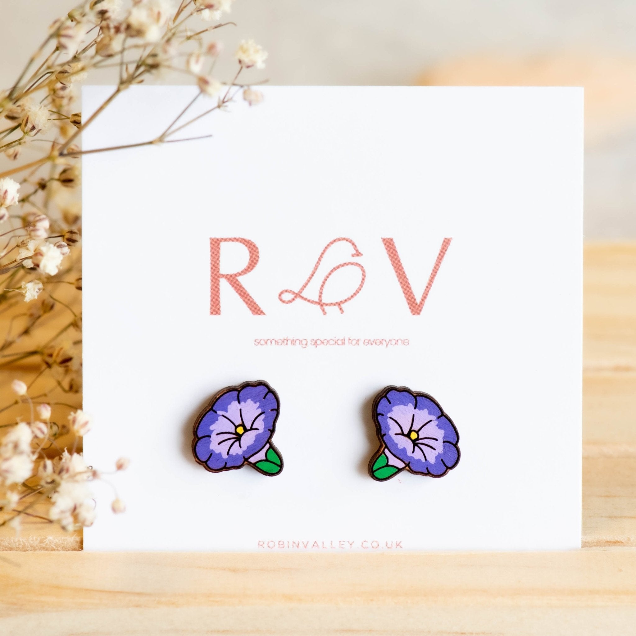 Hand-painted Morning Glory Cherry Wood Flower Stud Earrings - PEO14079 - Robin Valley Official Store