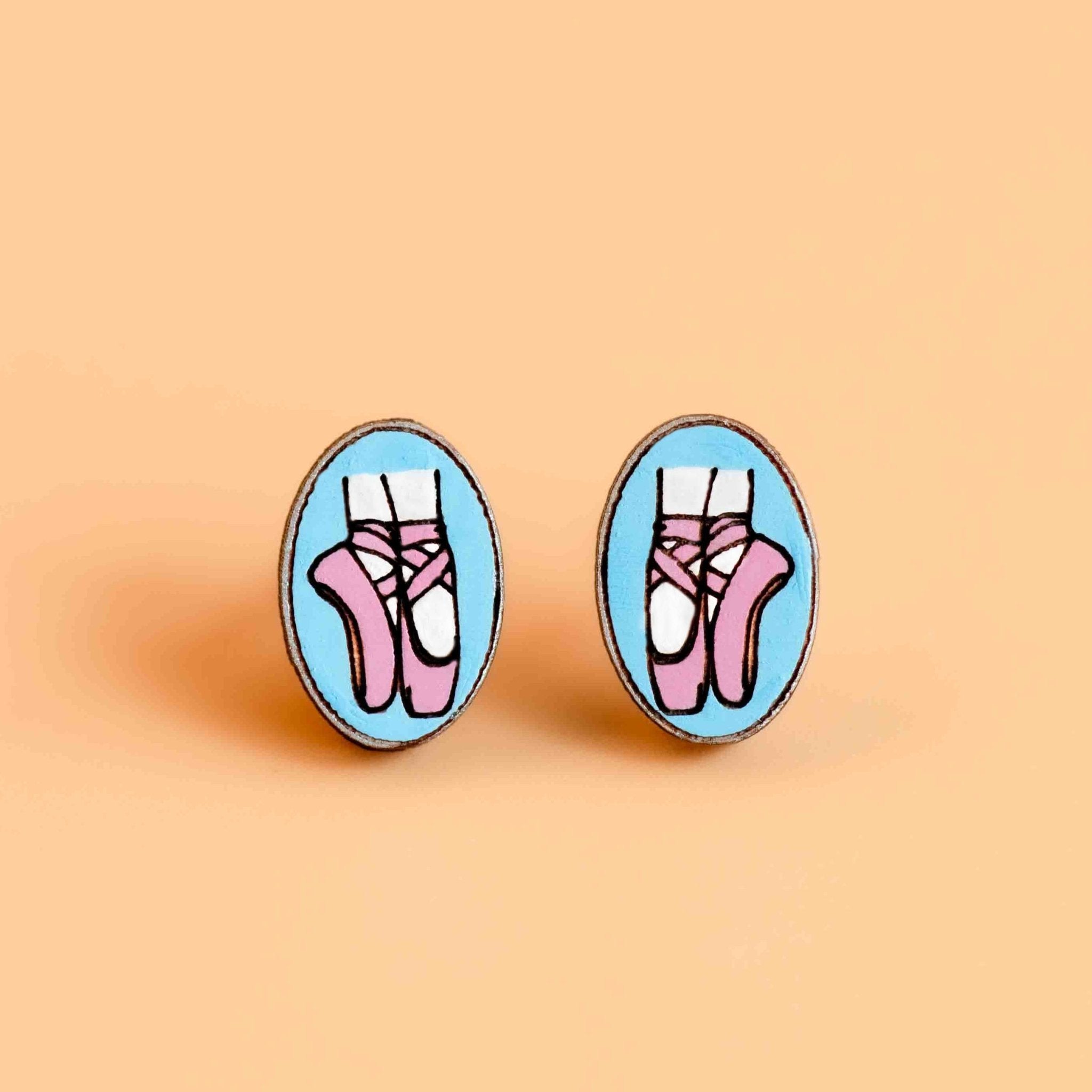 Hand-painted Oval Ballet Shoes Cherry Wood Stud Earrings - PET15117 - Robin Valley Official Store