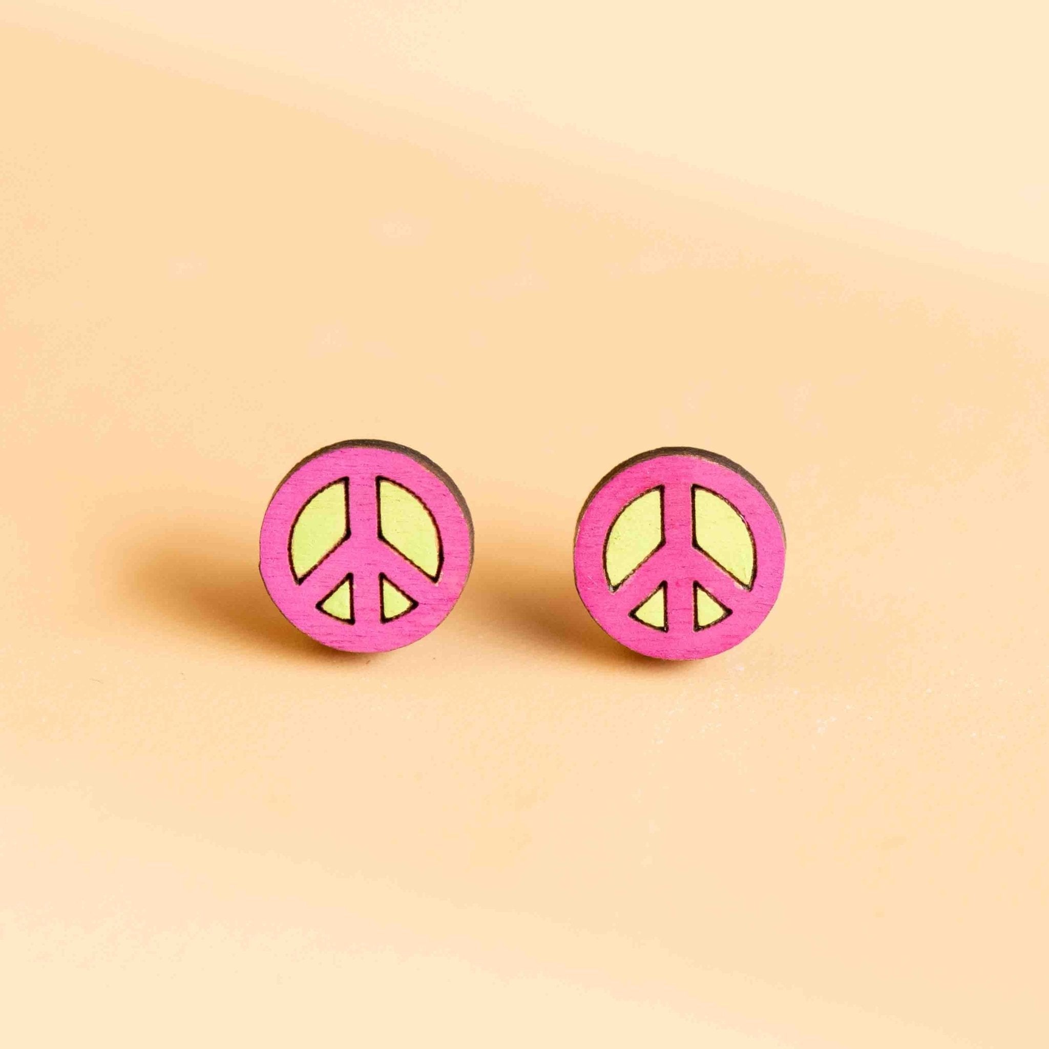 Hand - painted Peace Sign Stud Earrings Wooden Jewellery - PET15182 - Robin Valley Official Store