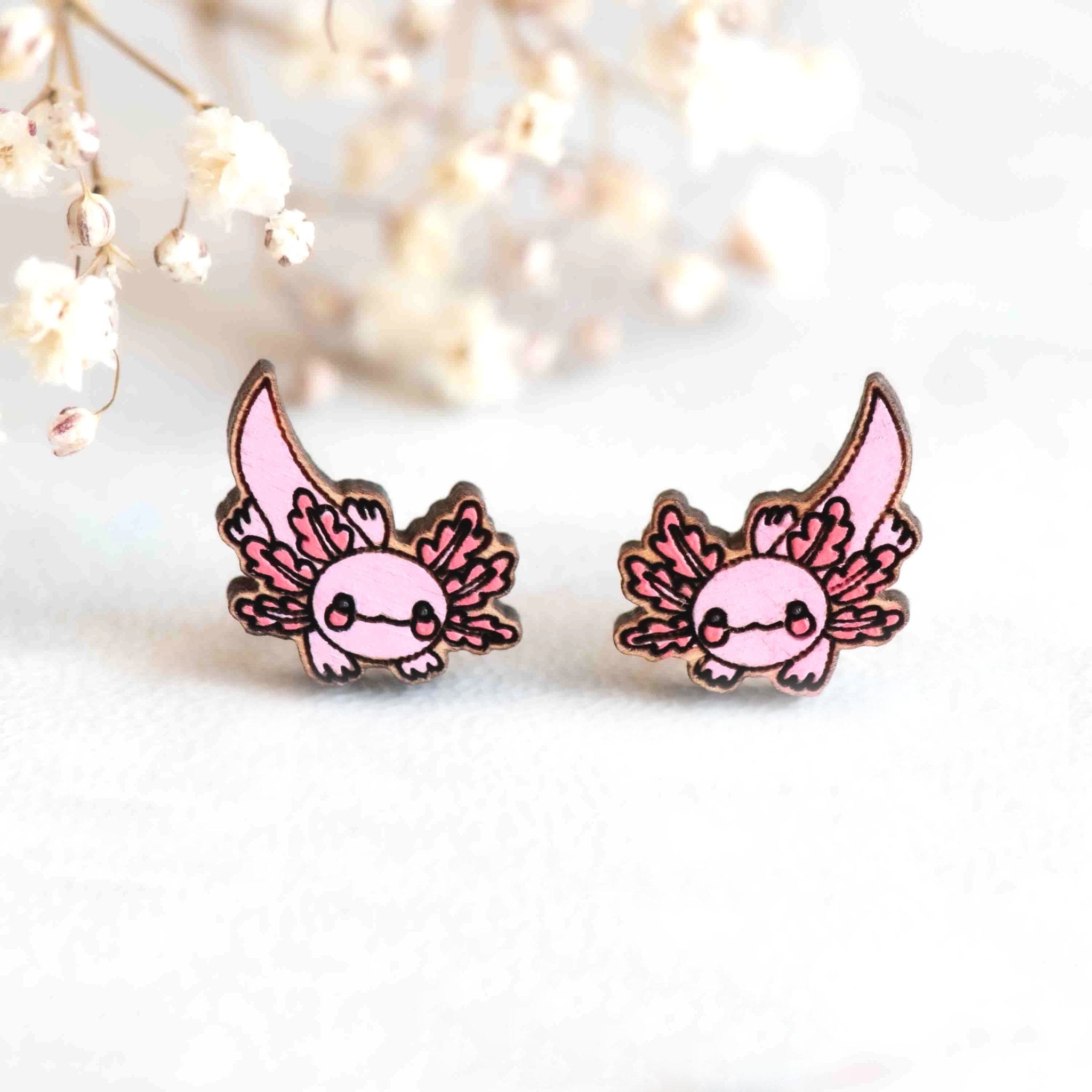 Hand-painted Pink Axolotl Cherry Wood Stud Earrings - PES13042 - Robin Valley Official Store