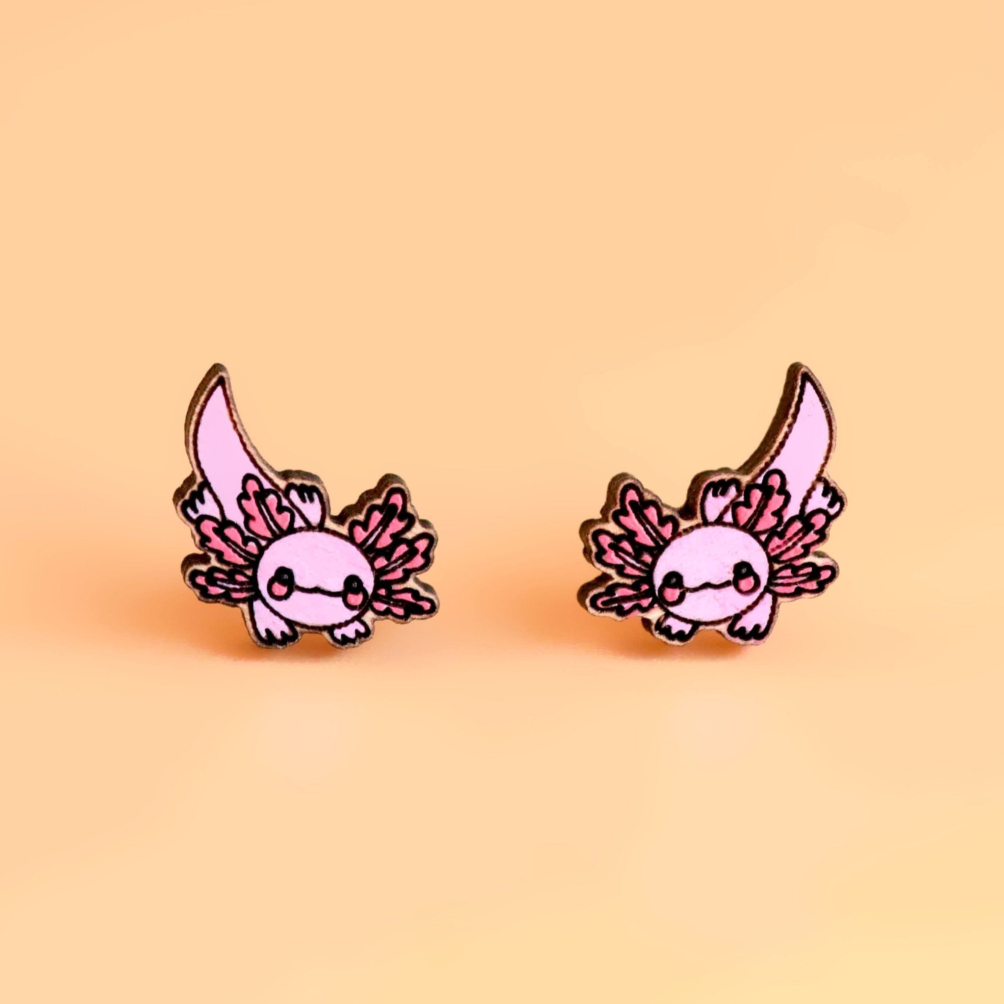 Hand-painted Pink Axolotl Cherry Wood Stud Earrings - PES13042 - Robin Valley Official Store
