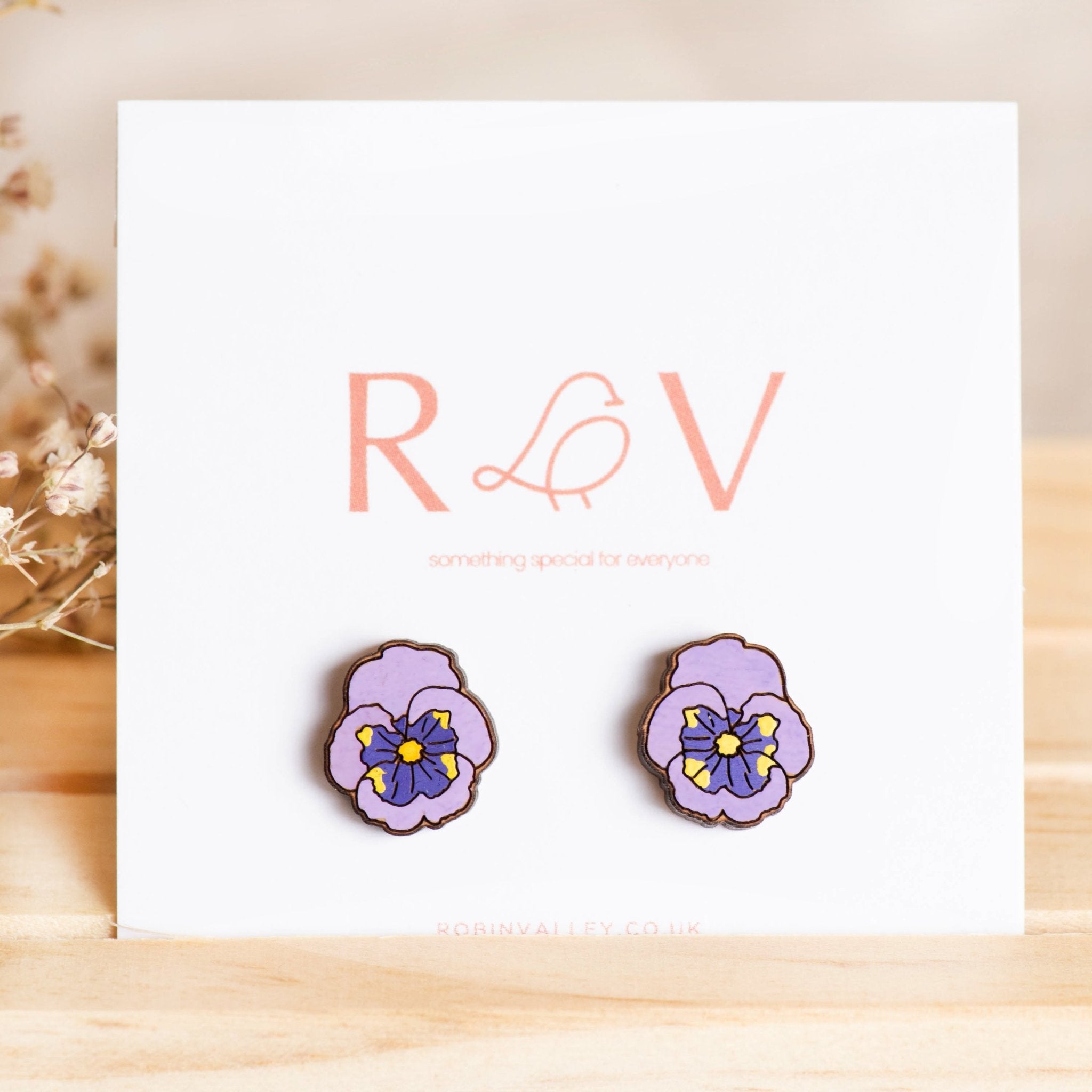 Hand-painted Purple Pansy Flower Cherry Wood Stud Earrings - PEO14081 - Robin Valley Official Store