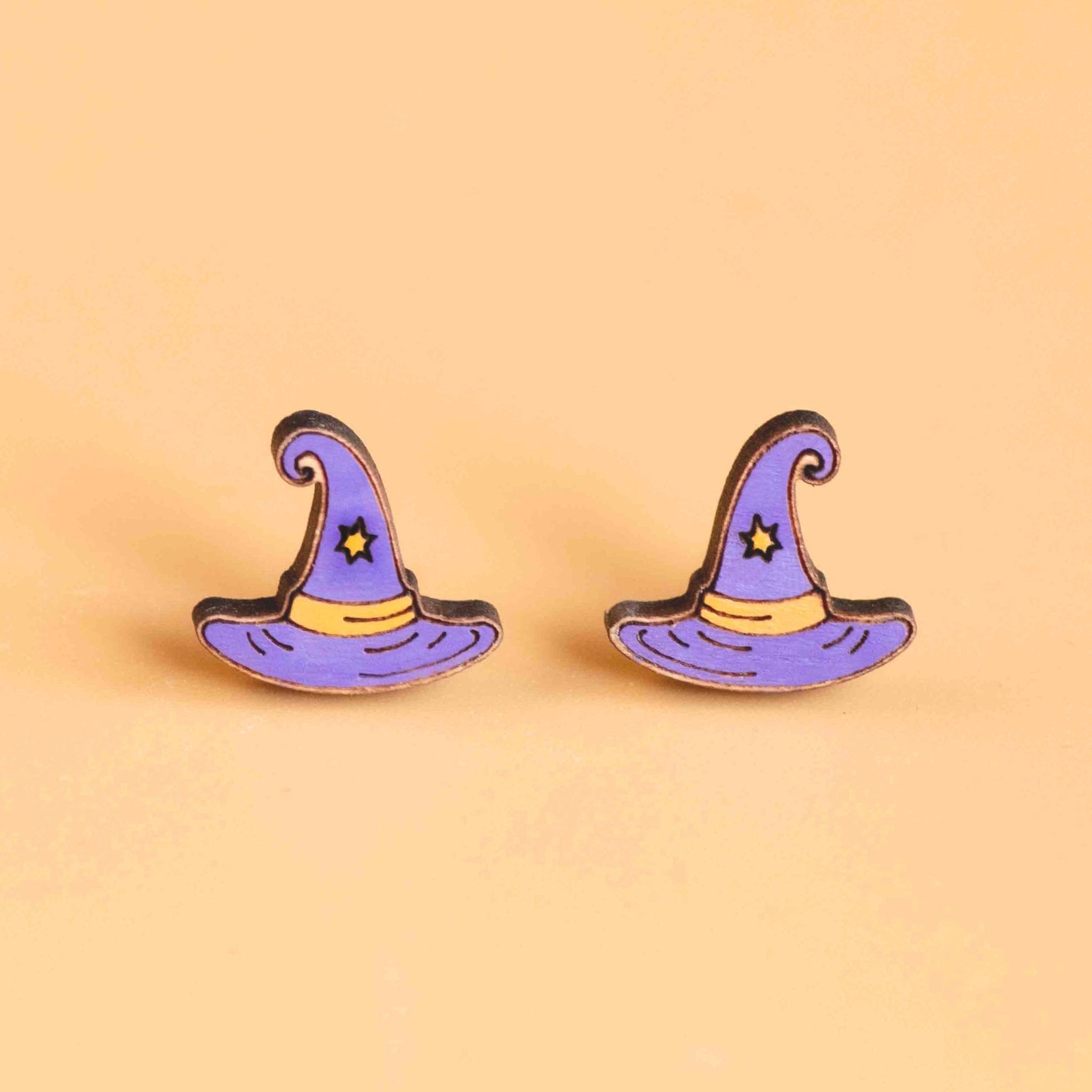 Hand - painted Purplel Witch's Hat Wooden Earrings Halloween Collection PET15268 - Robin Valley Official Store
