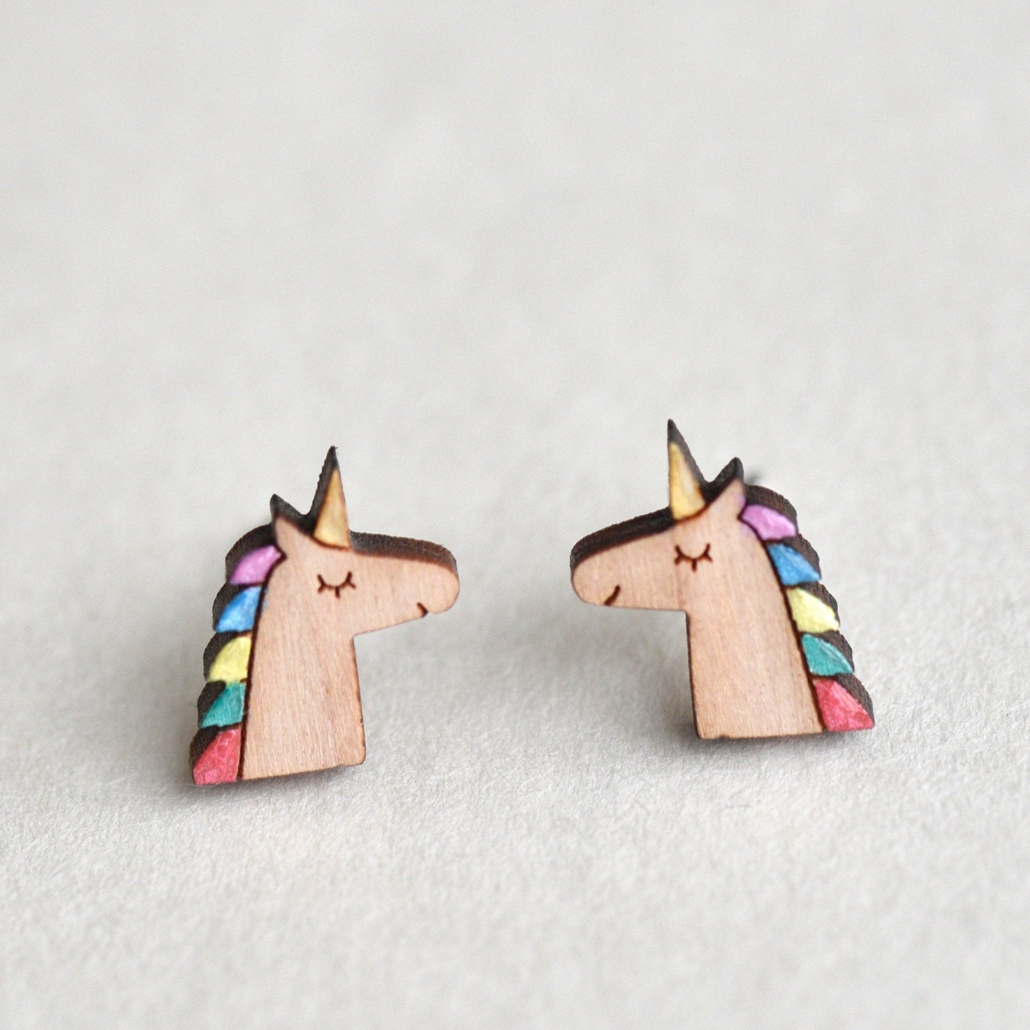 Hand Painted Rainbow Unicorn Wooden Earrings - PEO14054 - Robin Valley Official Store